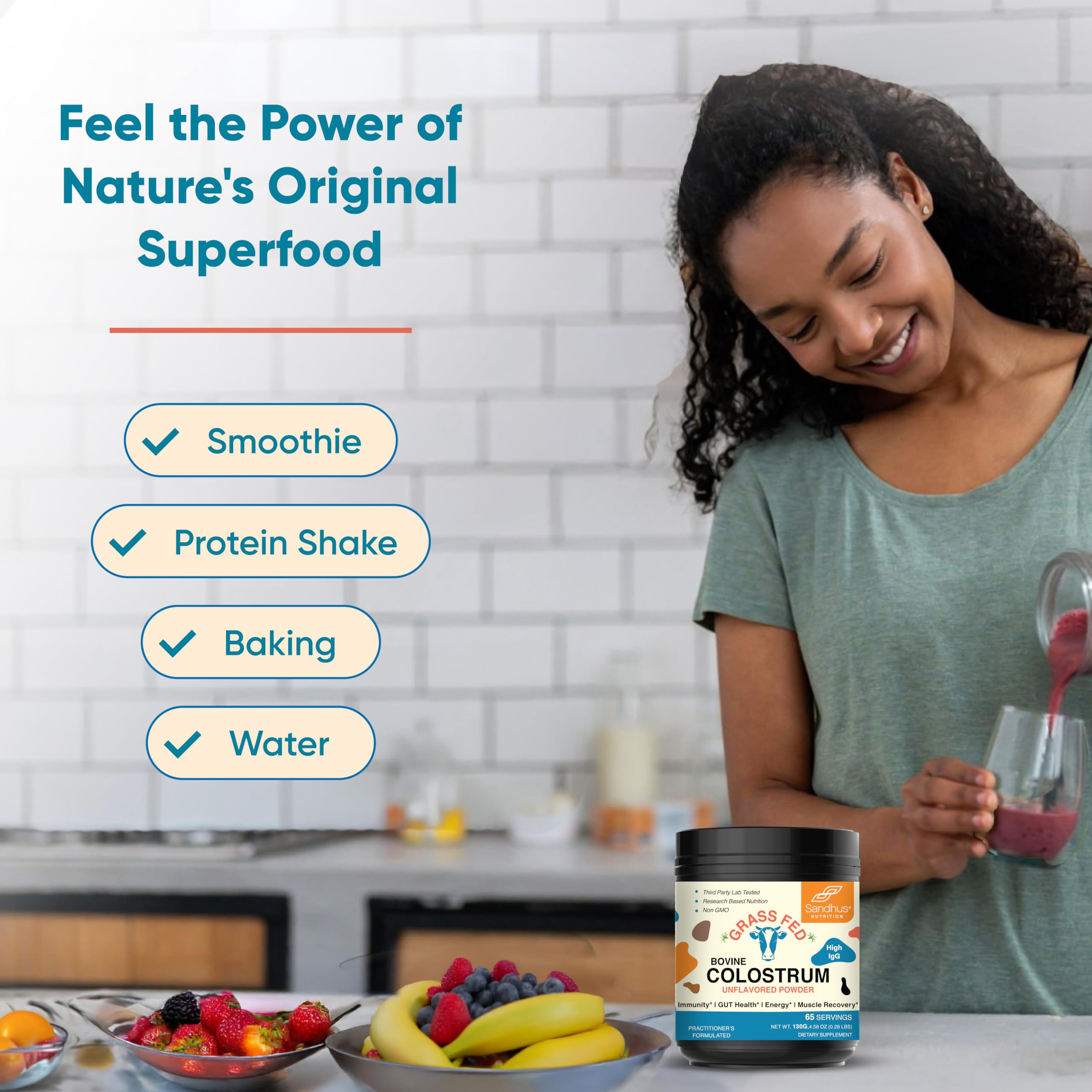 Sandhu's colostrum powder label close-up highlighting grass-fed origin