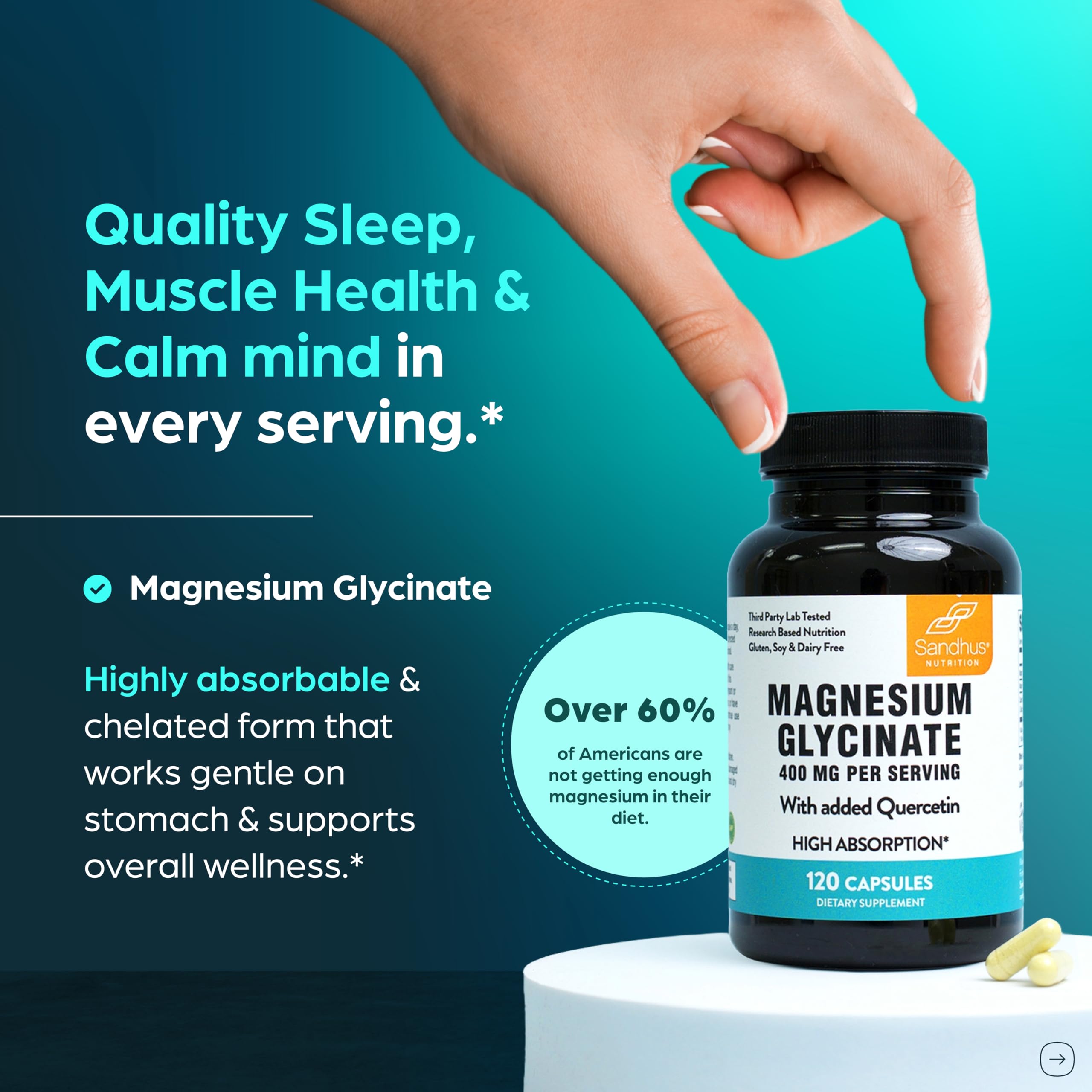 Sandhu's magnesium glycinate capsules closeup highlights easy-to-swallow design.