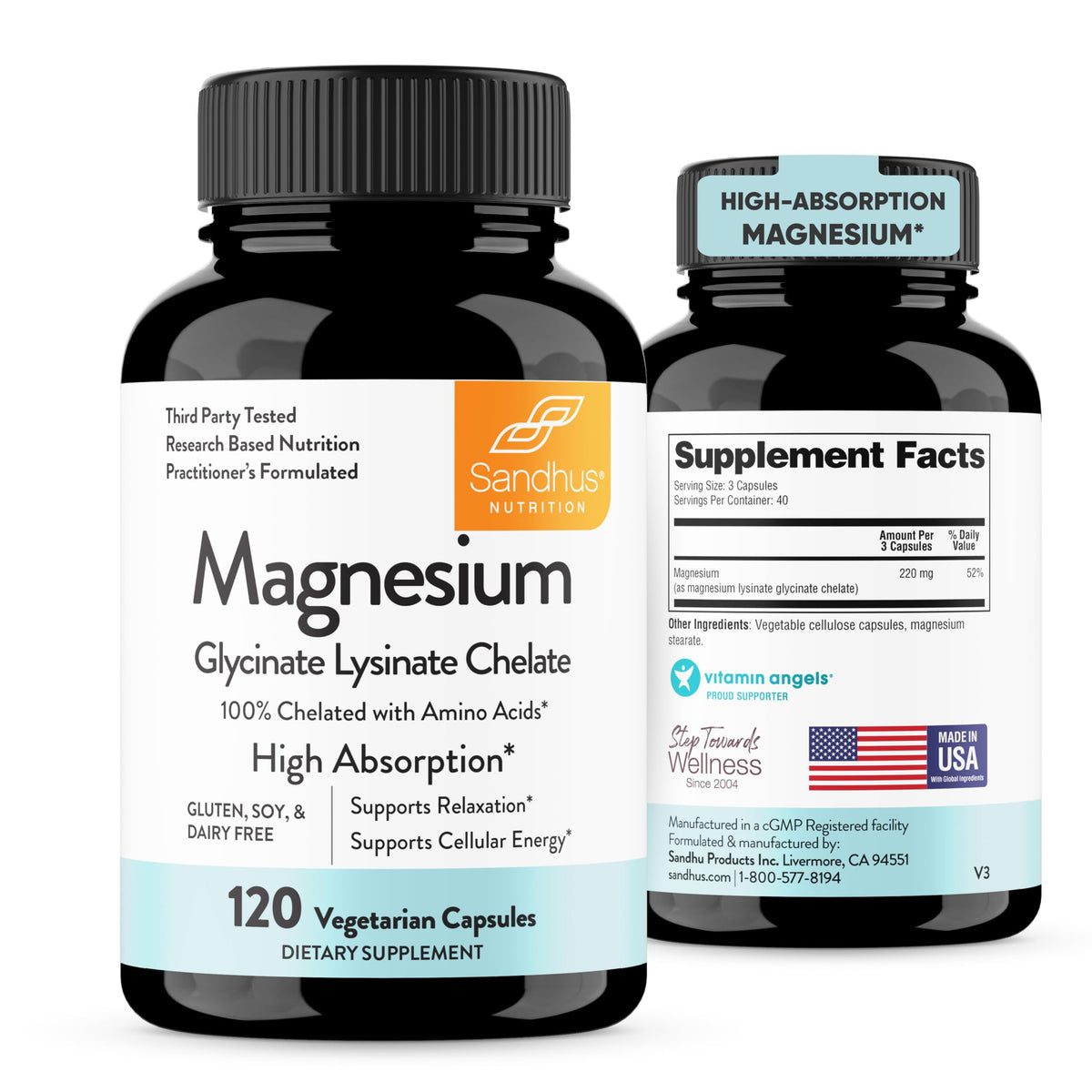 Sandhu's Magnesium Glycinate Lysinate bottle on table; easy-to-swallow capsules for daily relaxation.
