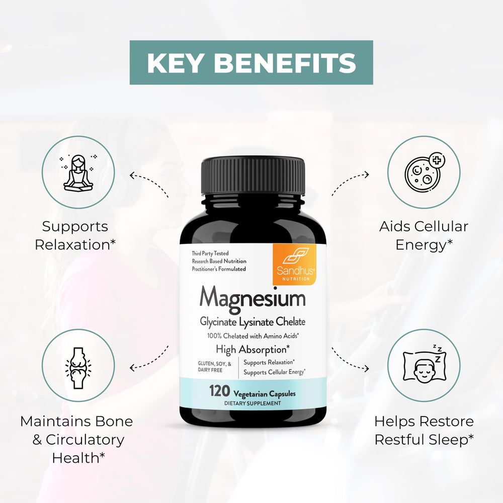 Packaging highlights gluten-free, dairy-free attributes for Sandhu's Magnesium Glycinate Lysinate.