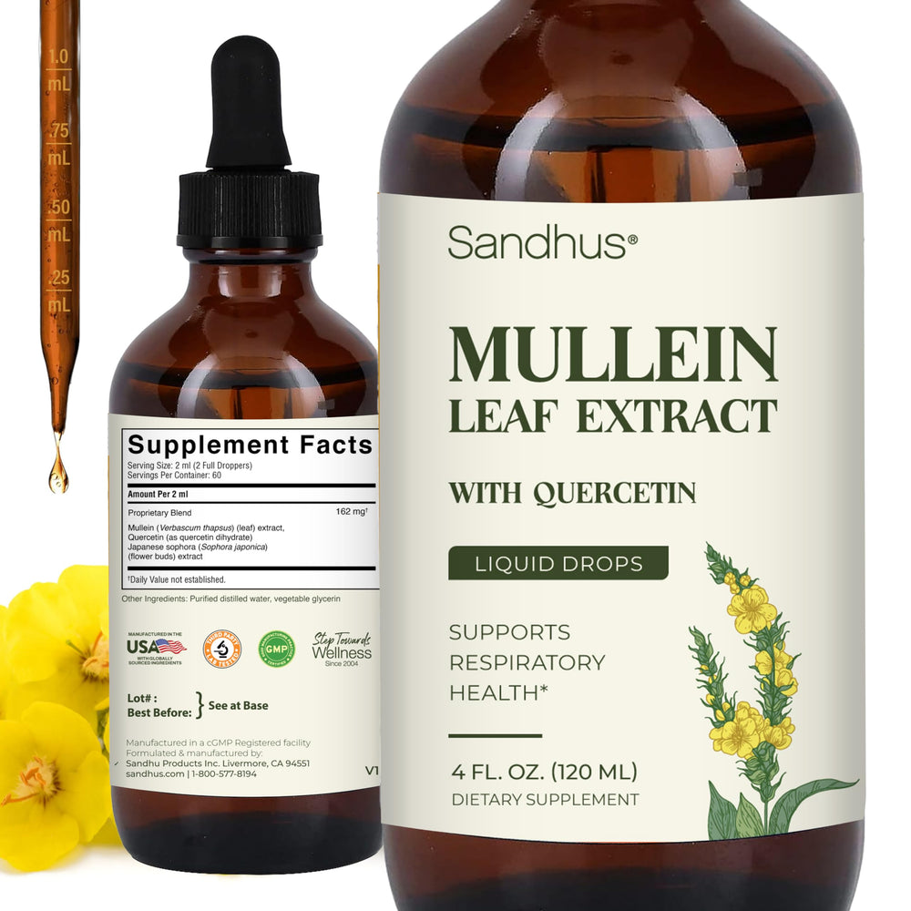 Sandhu's Mullein Drops bottle-front showing natural wellness presentation