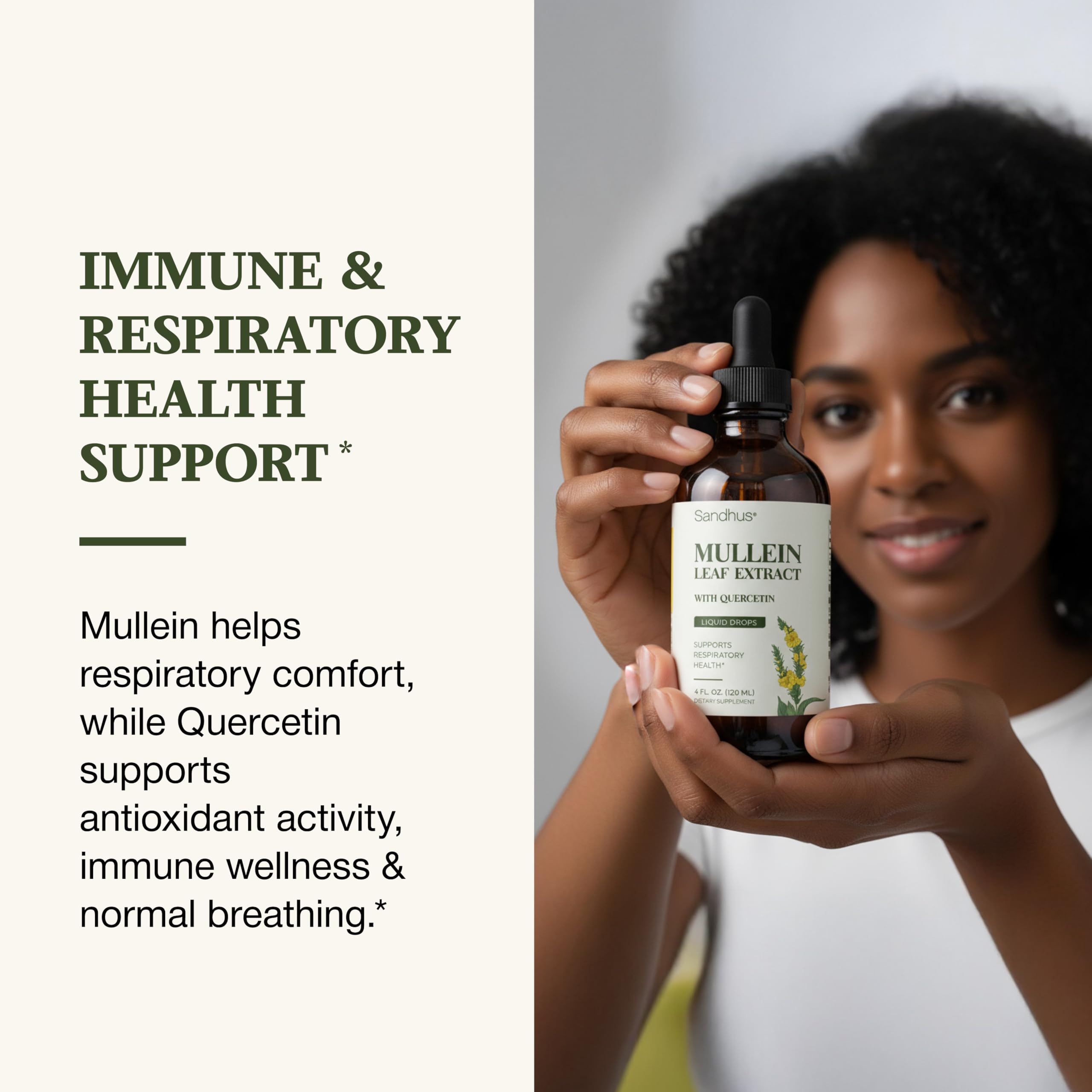 Sandhu's Mullein Drops packaging indicates 4 oz bottle