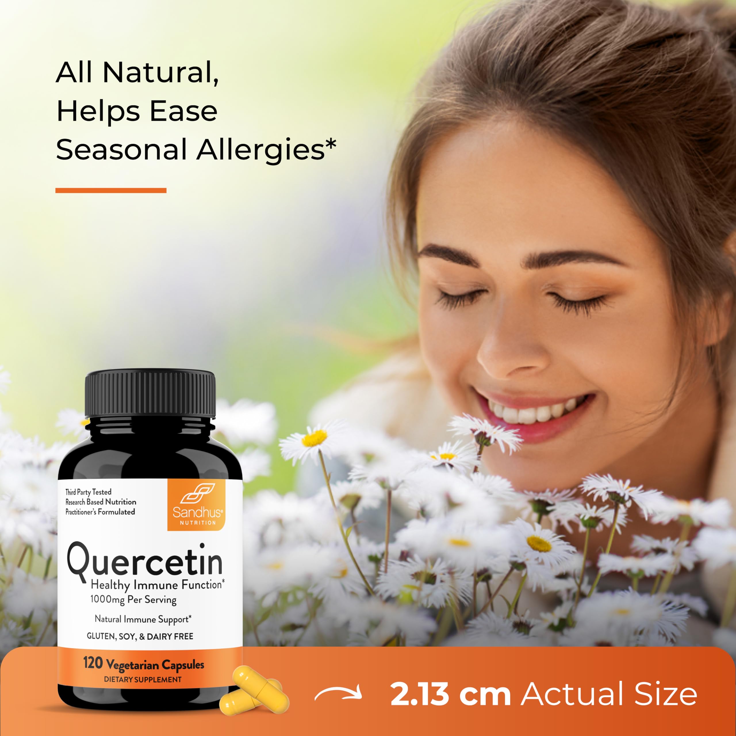 Sandhu's Quercetin 60-day supply packaging supports long-term use.