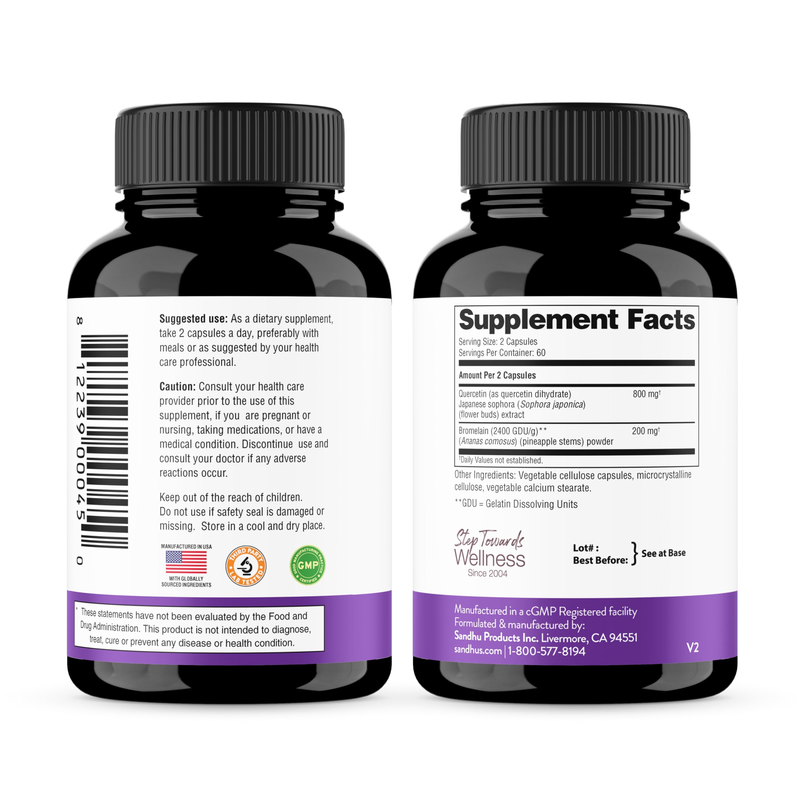 Nutrition label shows 800mg quercetin and 200mg bromelain per serving.