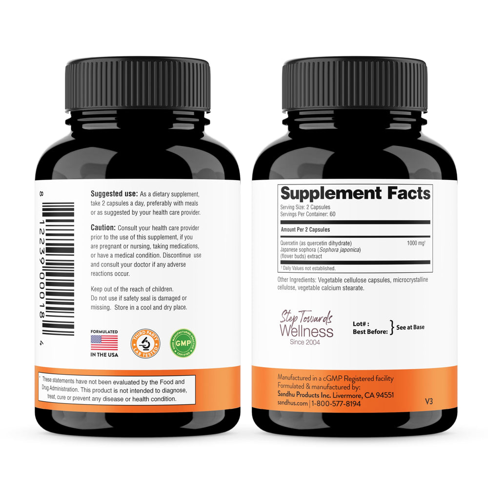 Sandhu's Quercetin easy-to-swallow capsules for daily use.