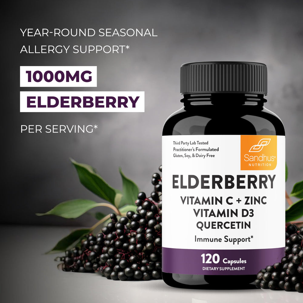 Quercetin-elderberry ingredients on Sandhu's packaging promoting antioxidant synergy.