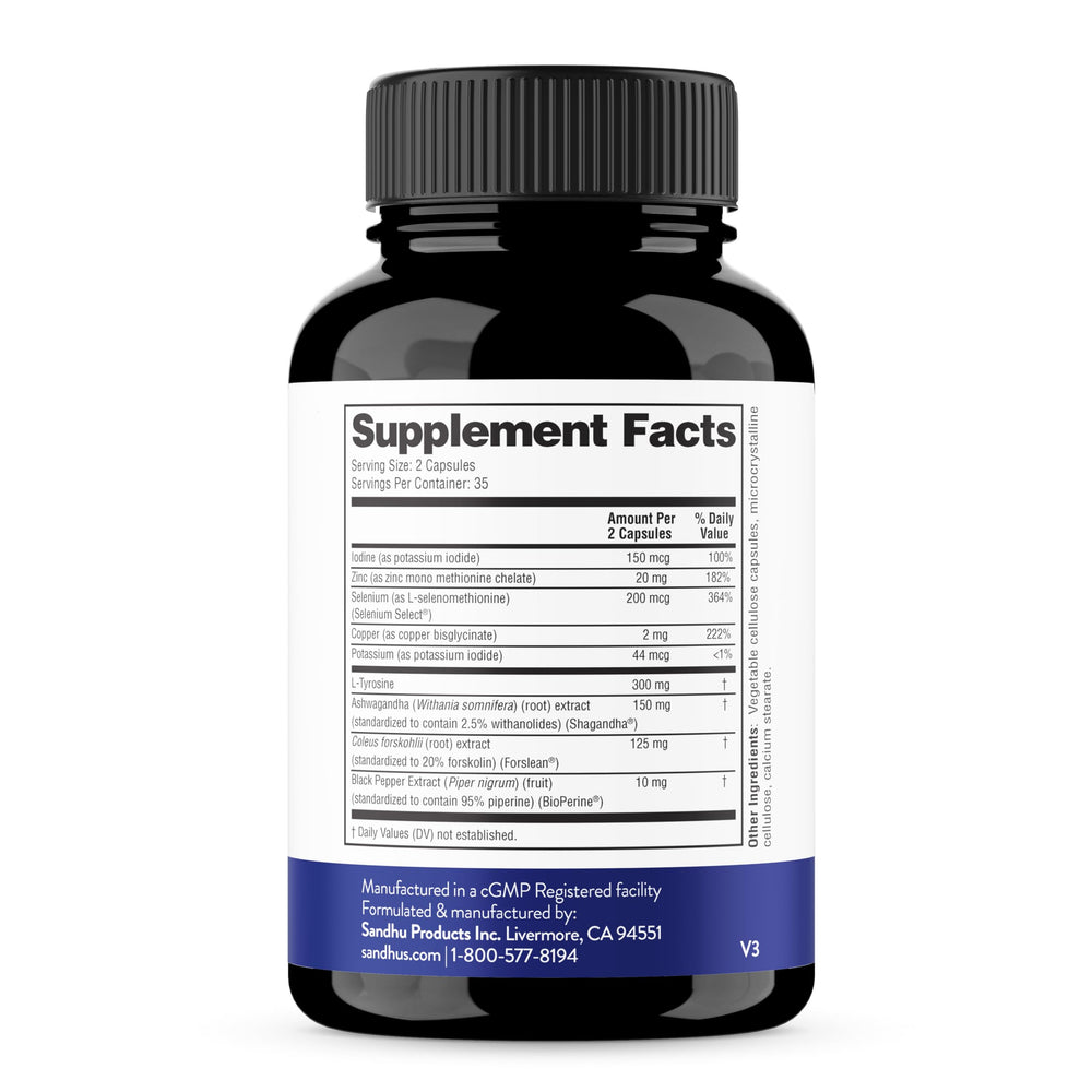 Sandhu's Thyroid Support ingredients list close-up featuring selenium and iodine.