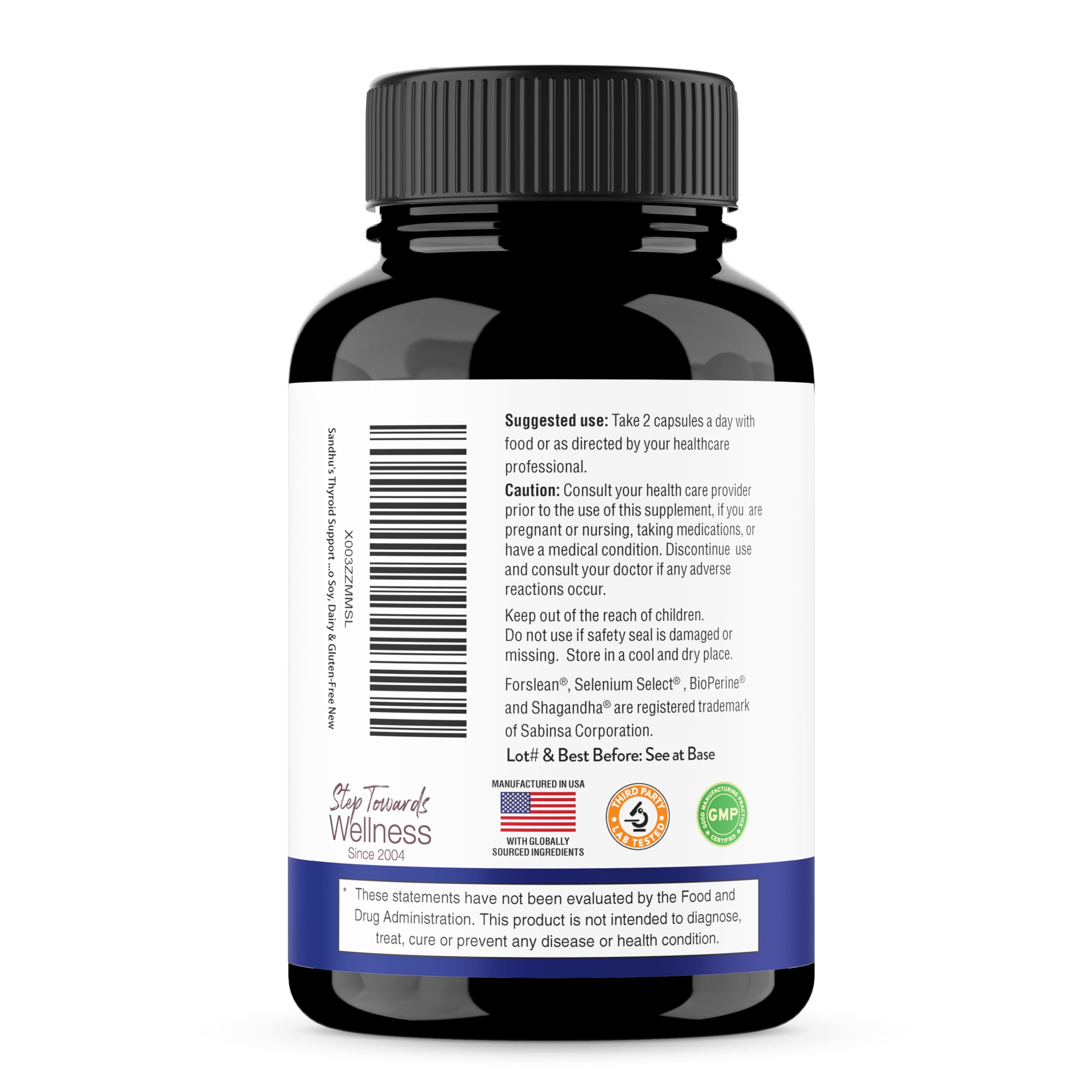 Sandhu's Thyroid Support supplement facts panel with gluten-free and non-GMO notes.