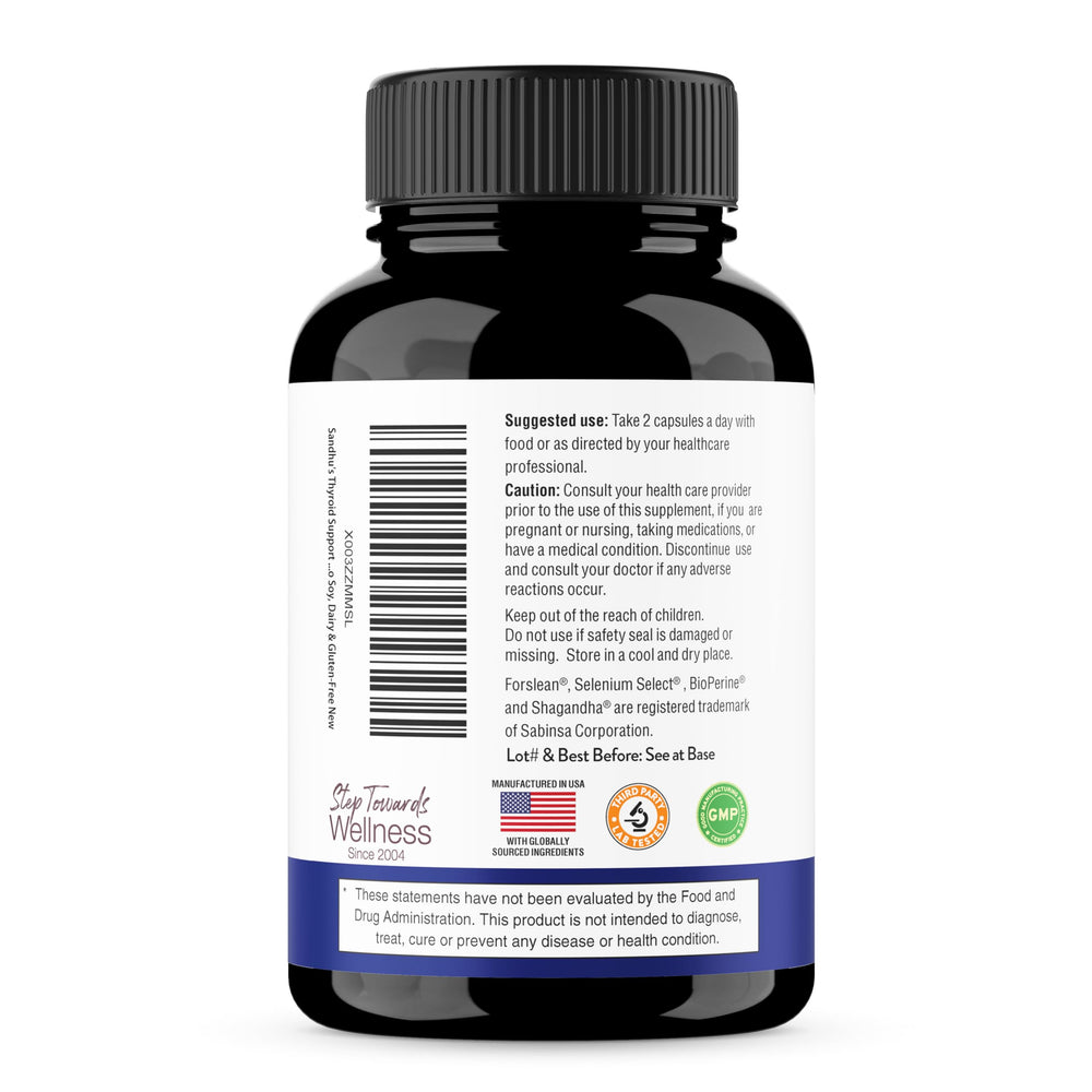 Sandhu's Thyroid Support supplement facts panel with gluten-free and non-GMO notes.