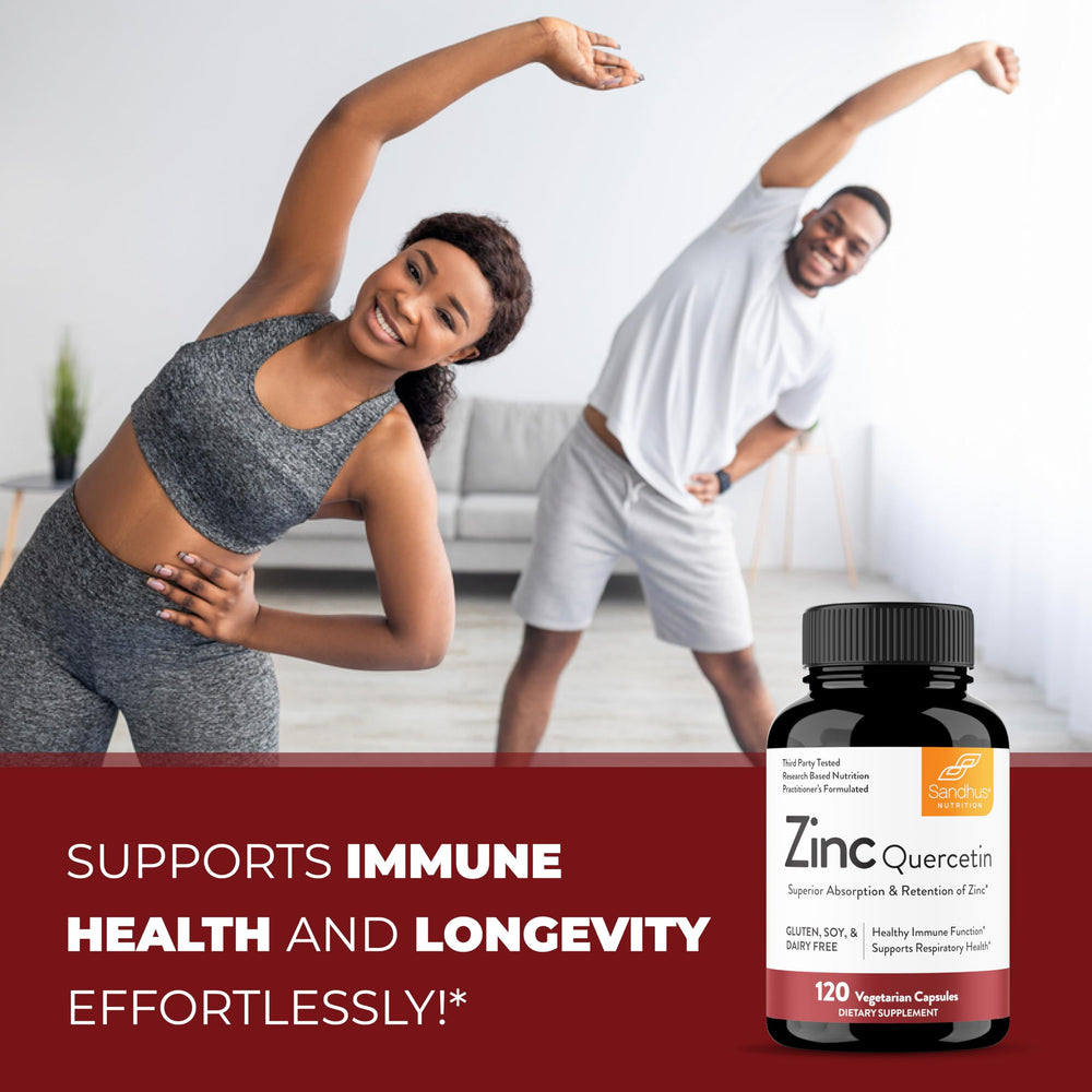 Sandhu's Zinc Quercetin close-up highlights capsule texture and coating.