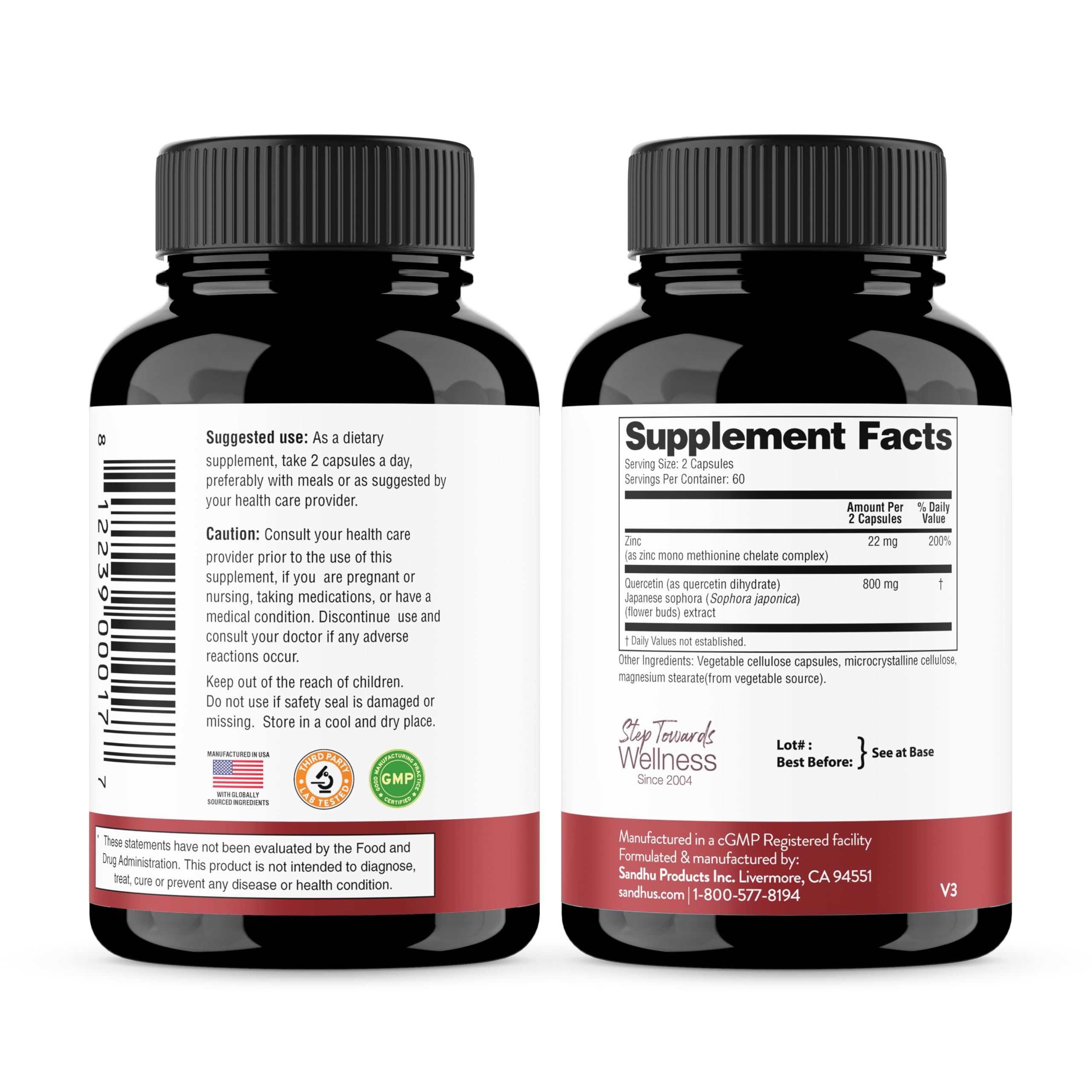 Sandhu's Zinc Quercetin label shows vegetarian caps and gluten-free friendly formula.