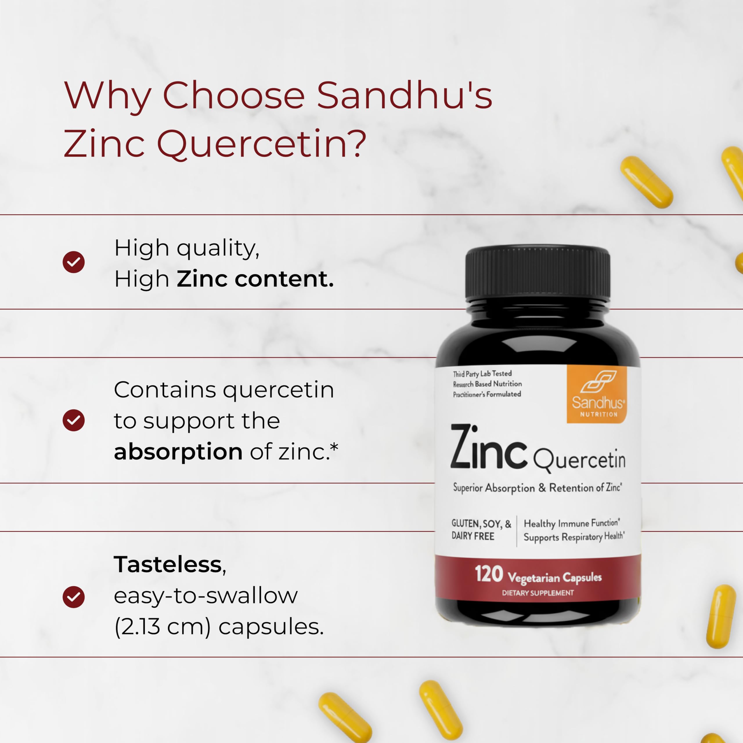 Sandhu's Zinc Quercetin bottle beside a glass for daily intake.