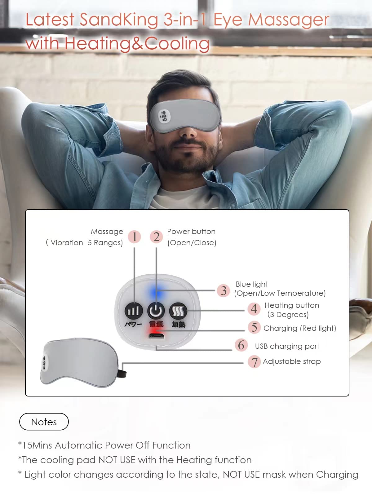 SandKing vibration massage blue, gentle eye contour relaxation.