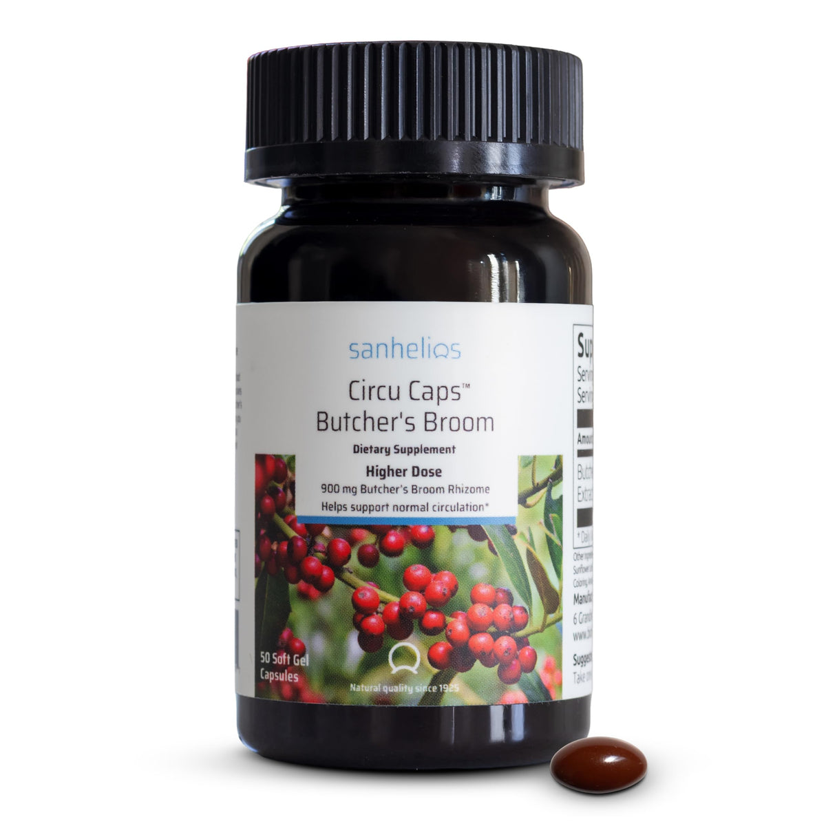 Sanhelios Circu Caps Higher Dose bottle closeup highlighting potent 900mg butcher's broom blend for leg comfort