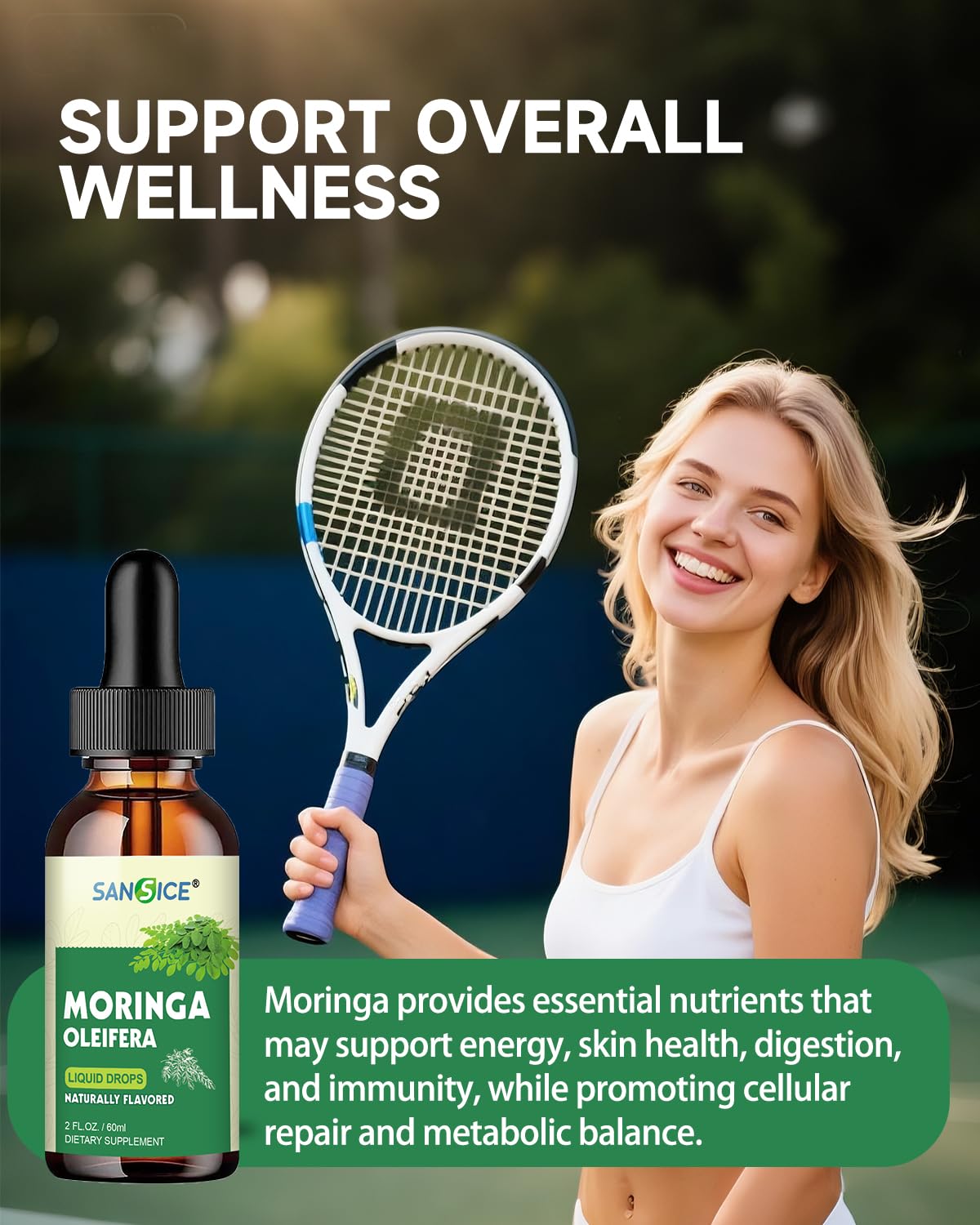 SANSICE Moringa Liquid Drops visually emphasize antioxidant-rich formula for immune support.