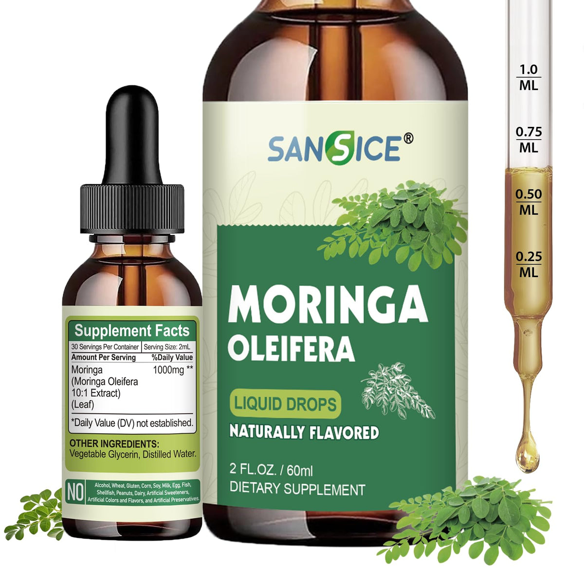 SANSICE Organic Moringa Liquid Drops bottle highlighting organic formula for antioxidant support.