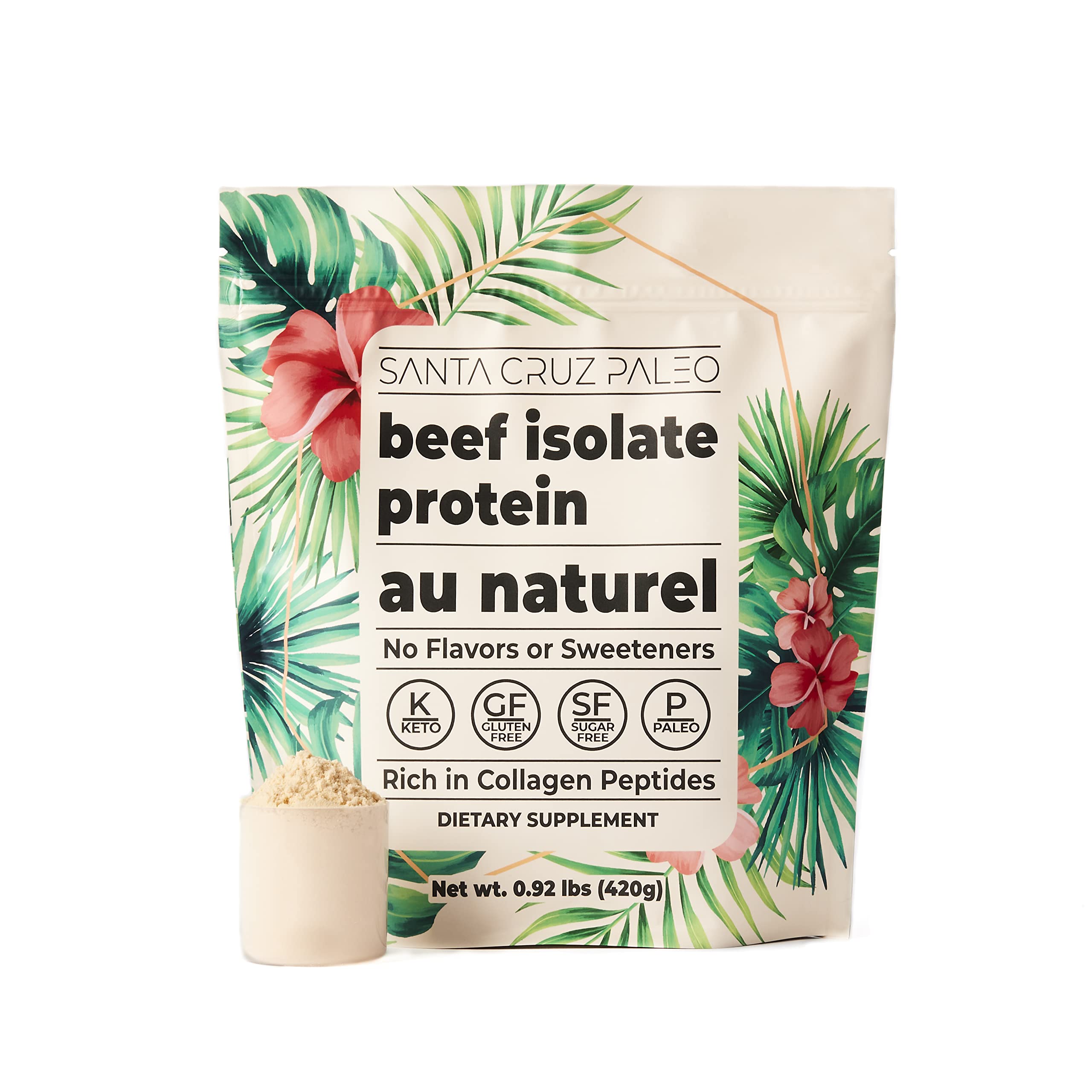 Santa Cruz Paleo beef isolate powder bottle for post-workout shakes.