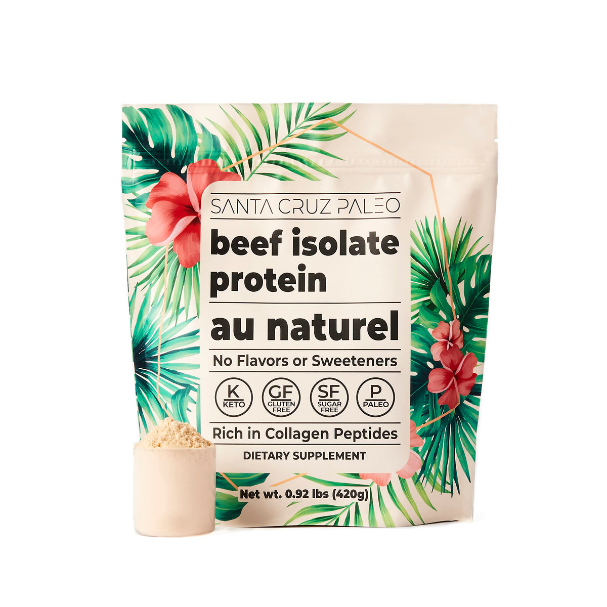 Santa Cruz Paleo beef isolate powder bottle for post-workout shakes.