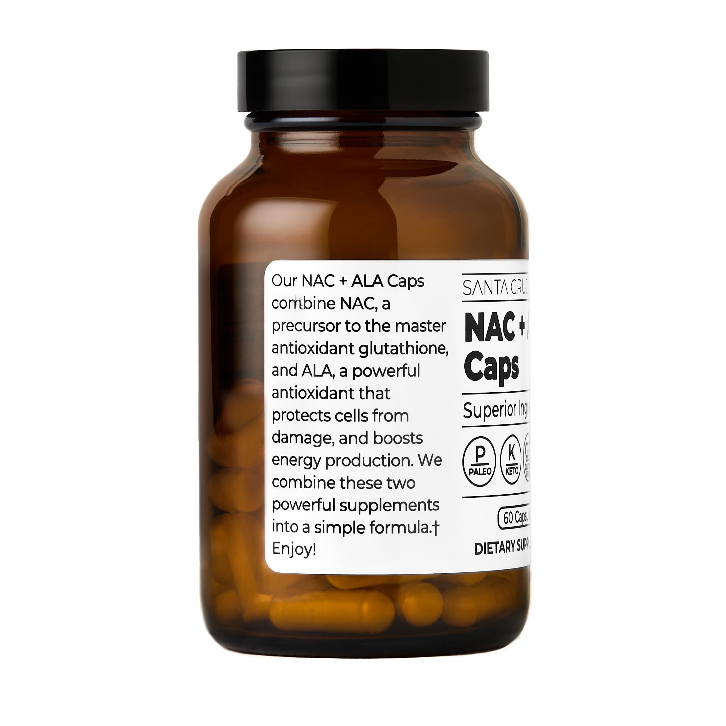 Santa Cruz Paleo bottle side view highlighting compact, daily-friendly packaging.
