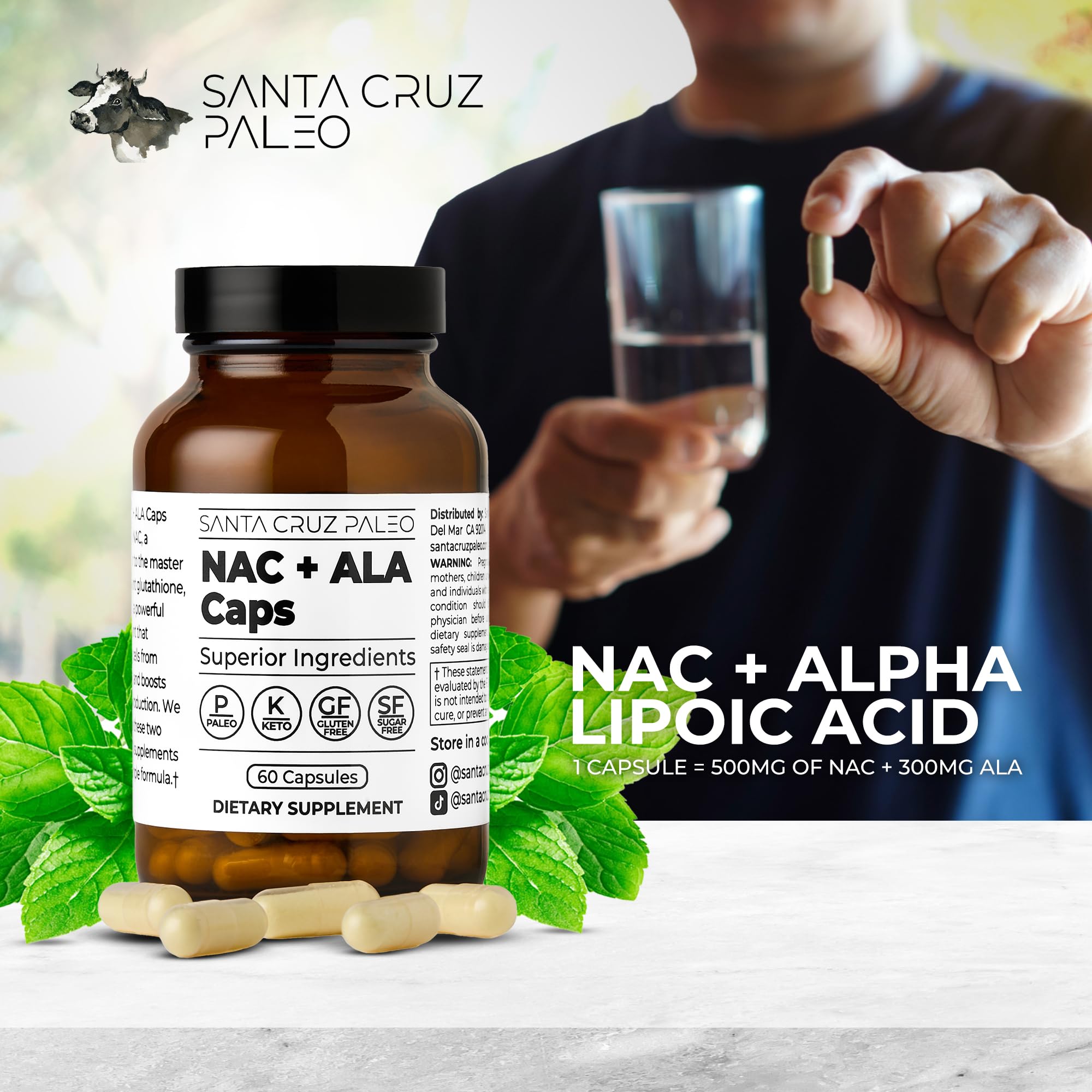 Santa Cruz Paleo NAC + ALA capsules beside a glass of water for daily routine.