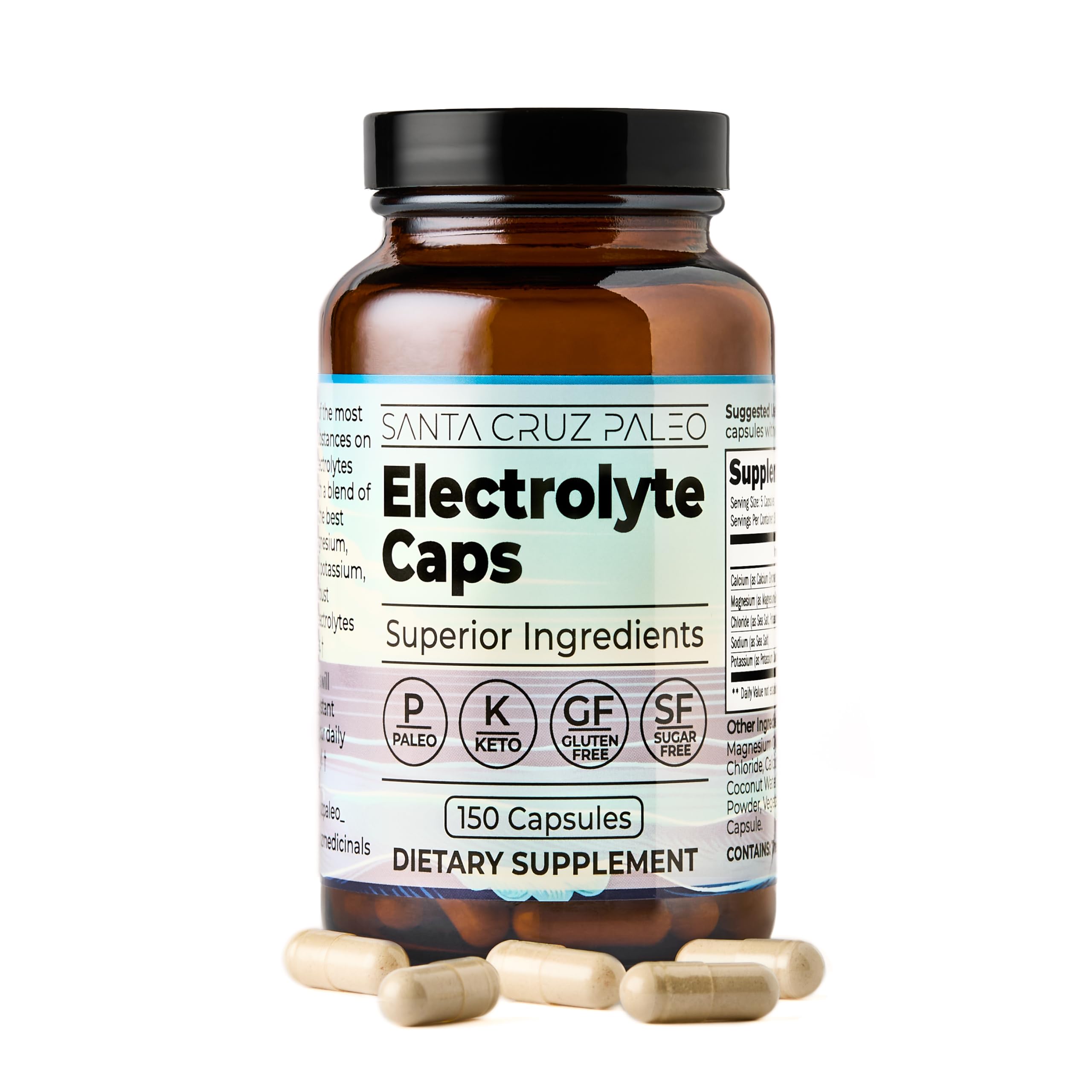 Santa Cruz Paleo electrolytes capsules bottle-front for on-the-go hydration support.