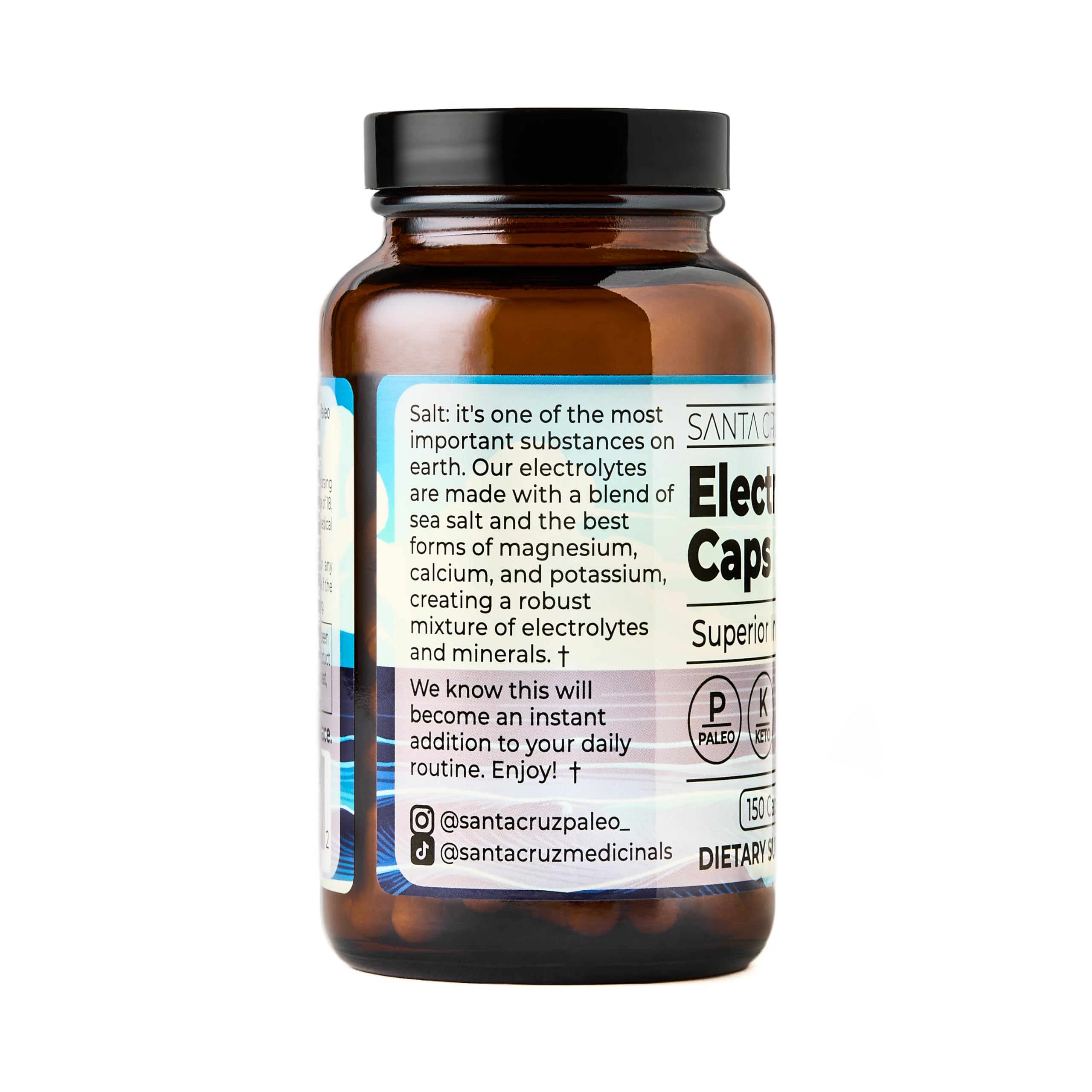 Santa Cruz Paleo electrolytes capsules close-up emphasizing unflavored formula.