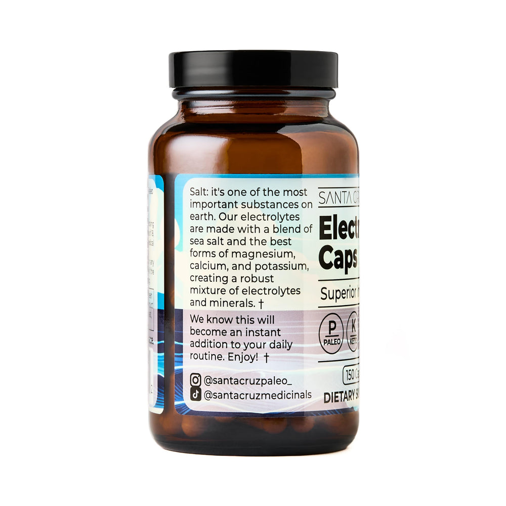 Santa Cruz Paleo electrolytes capsules close-up emphasizing unflavored formula.