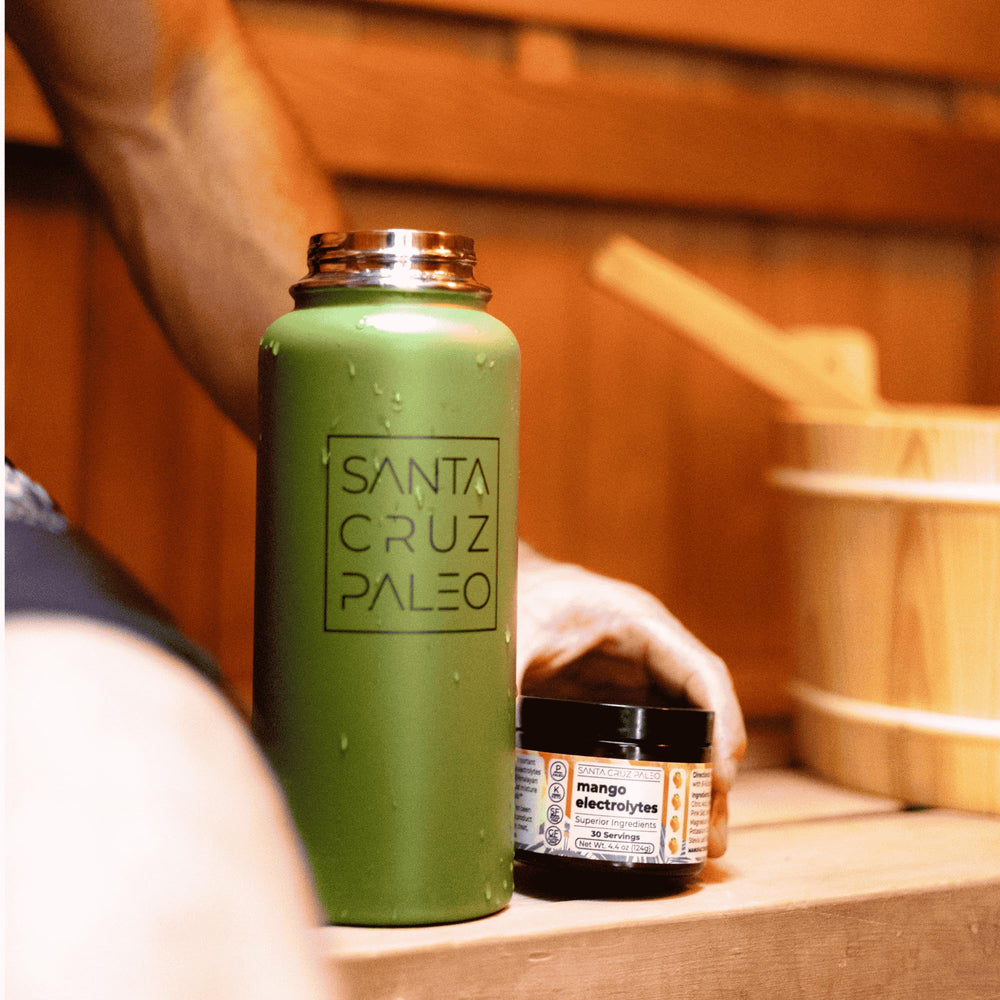 Santa Cruz Paleo Electrolyte Powder Mango Himalayan salt crystals highlight mineral-rich blend.