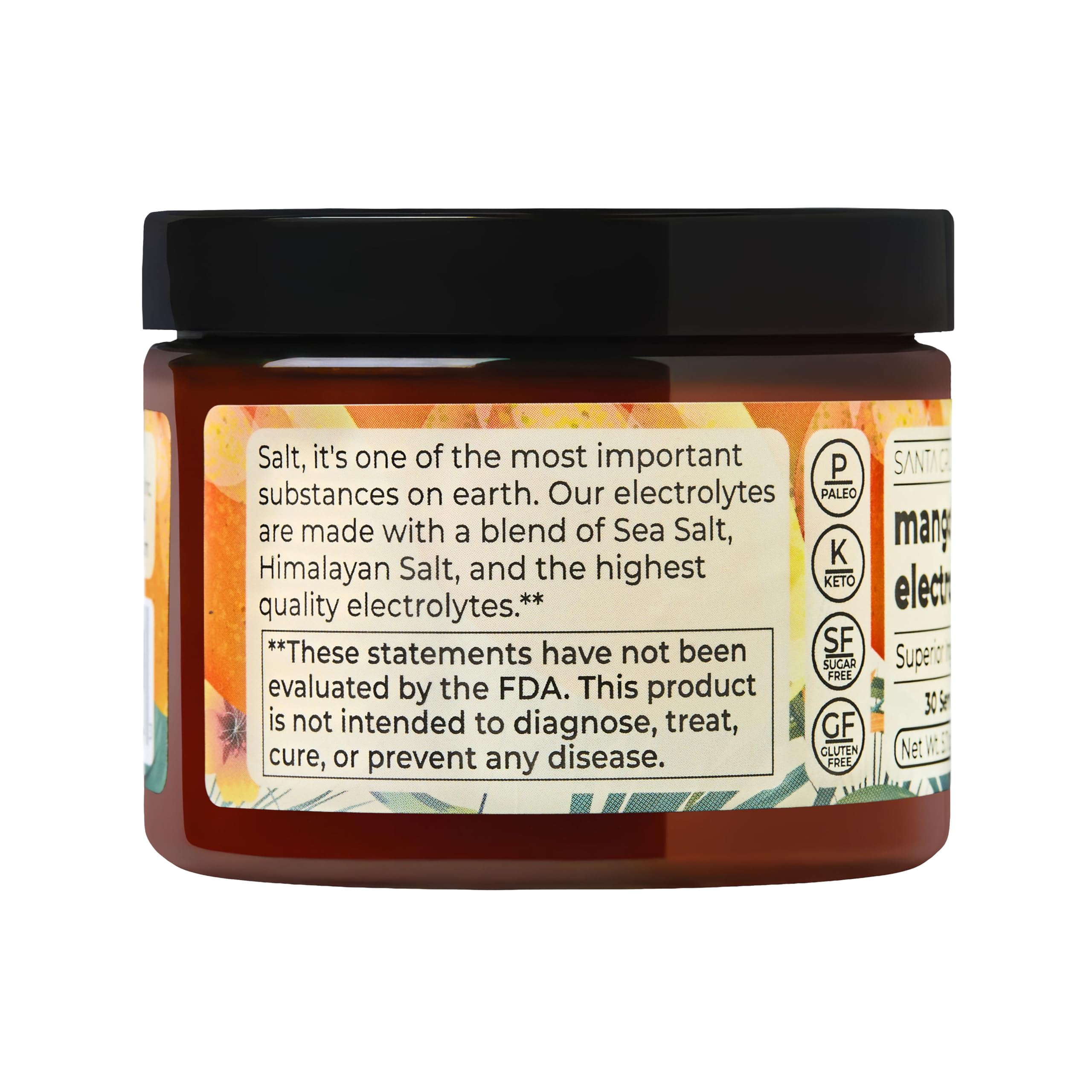 Santa Cruz Paleo Electrolyte Powder Mango label close-up with no sugar claim.