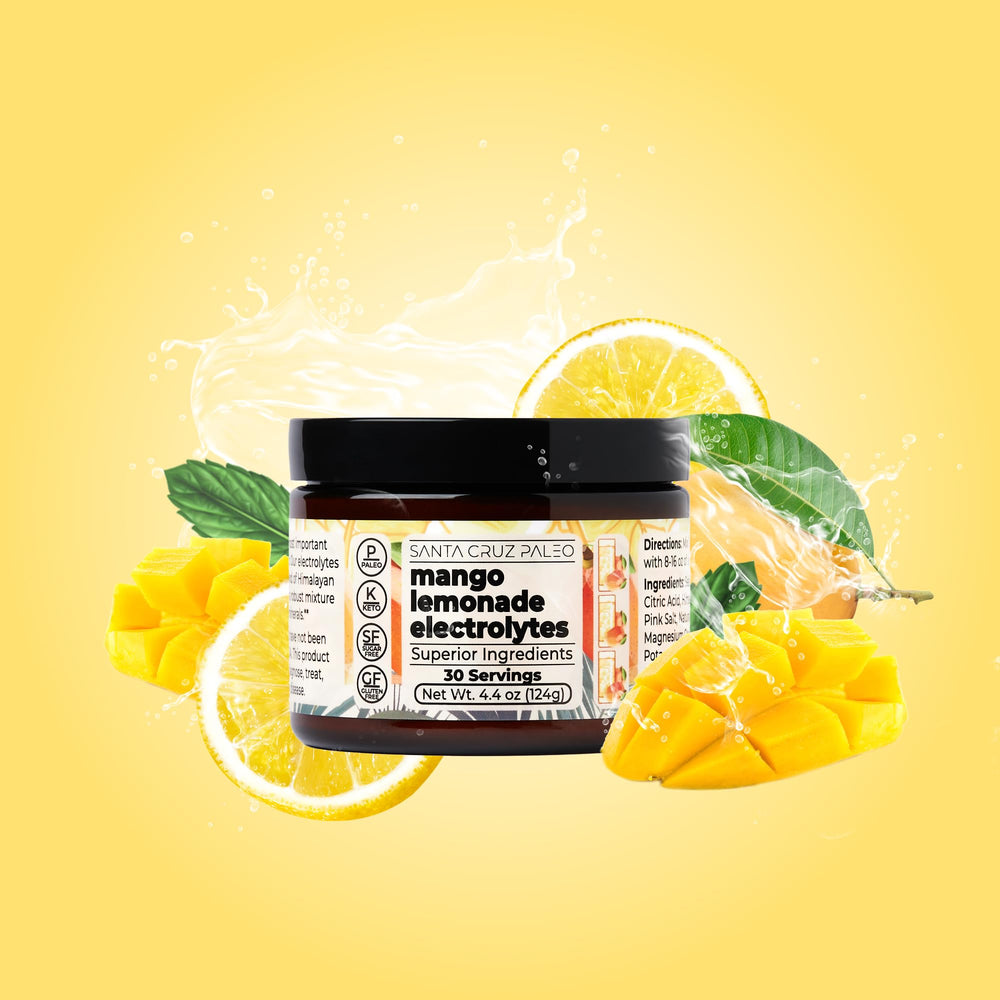 Santa Cruz Paleo Electrolyte Mango Lemonade label closeup showing mineral blend
