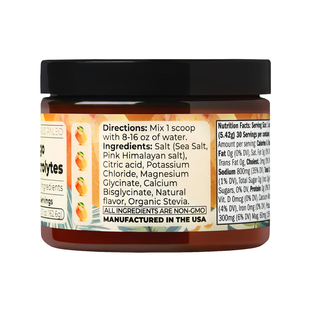Santa Cruz Paleo Electrolyte Powder Mango packaging shot emphasizes clean labeling.