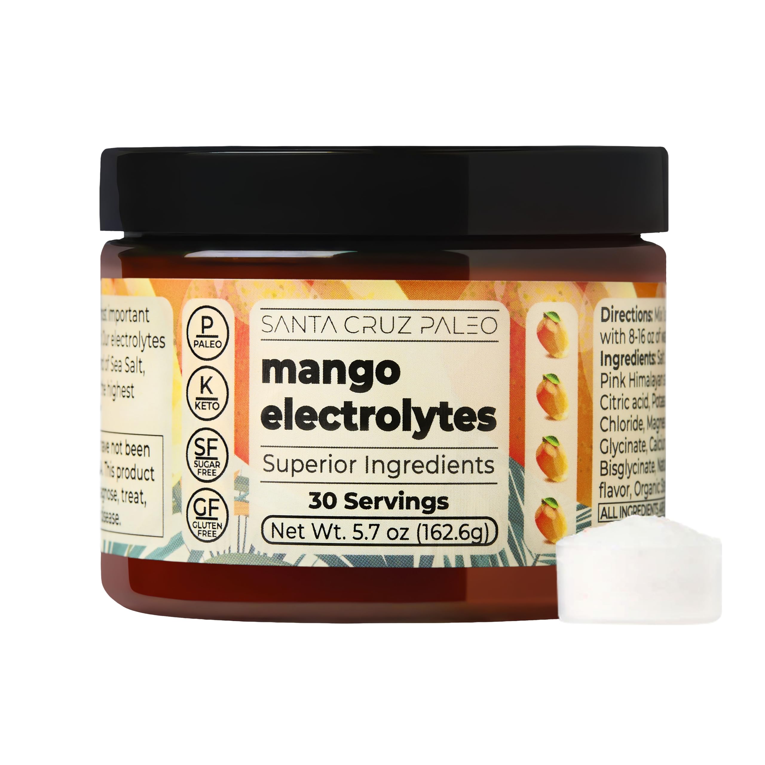 Santa Cruz Paleo Electrolyte Powder Mango tub front view for easy daily hydration.