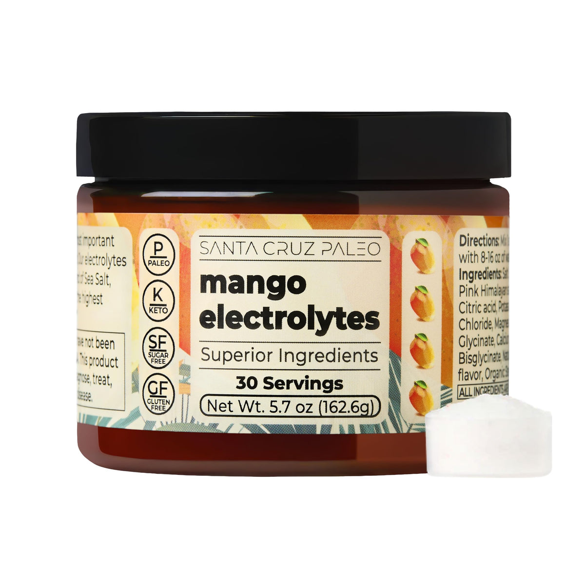 Santa Cruz Paleo Electrolyte Powder Mango tub front view for easy daily hydration.
