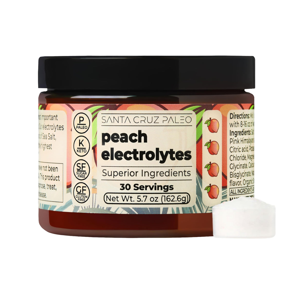 Santa Cruz Paleo Electrolyte Powder Peach bottle aids convenient daily hydration.