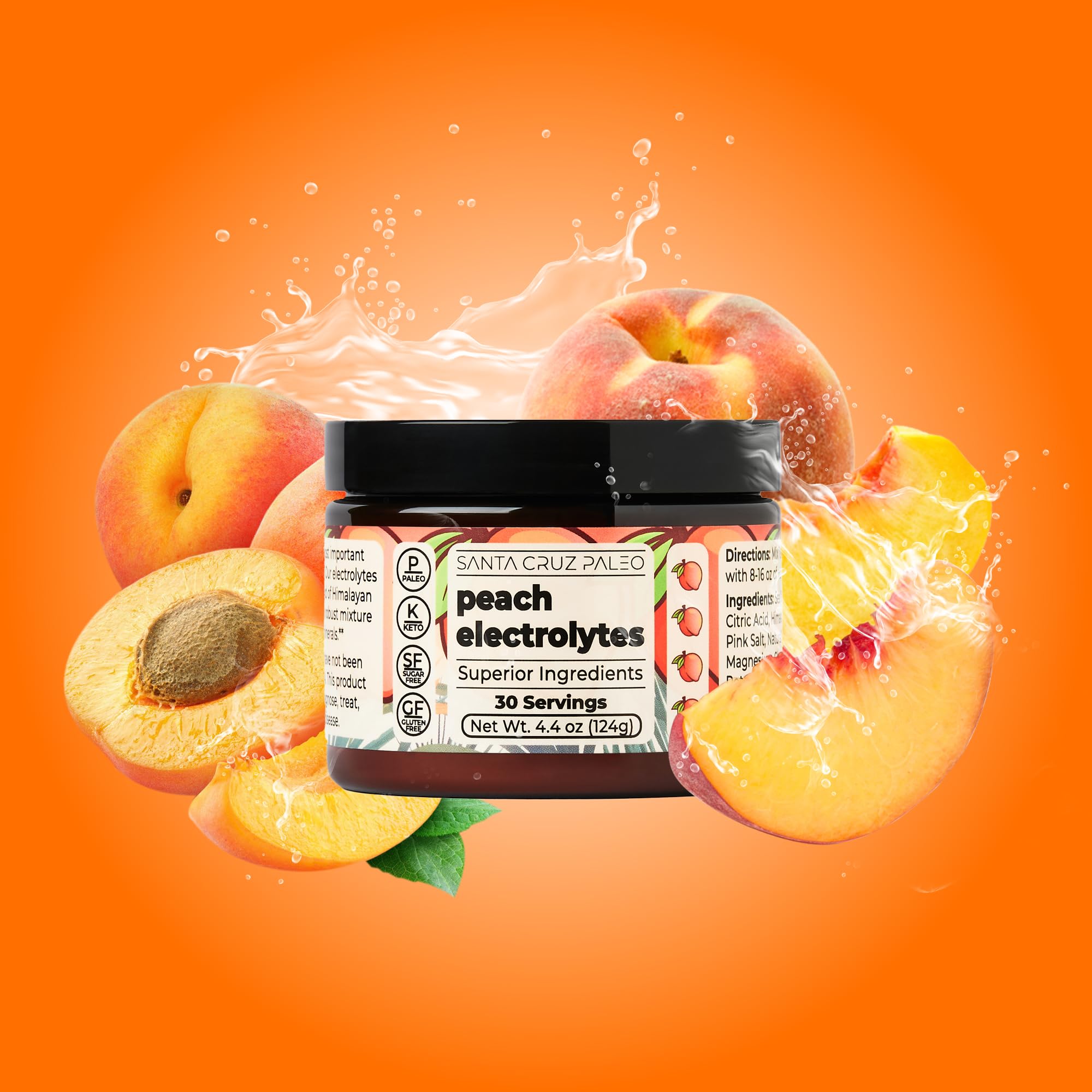 Santa Cruz Paleo Electrolyte Powder Peach ingredients closeup emphasizes natural minerals.