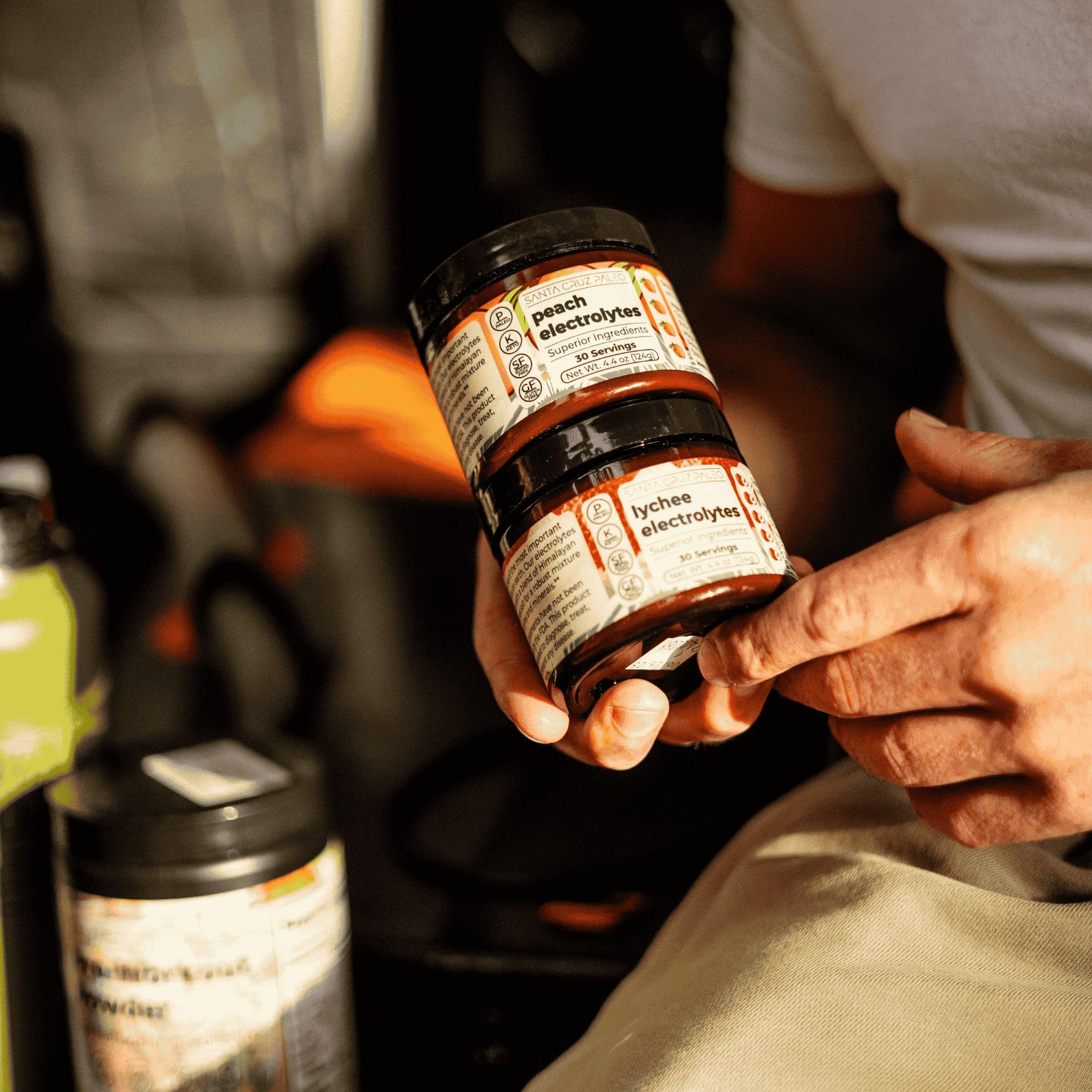 Santa Cruz Paleo Electrolyte Powder Peach label closeup communicates clean, sugar-free hydration.