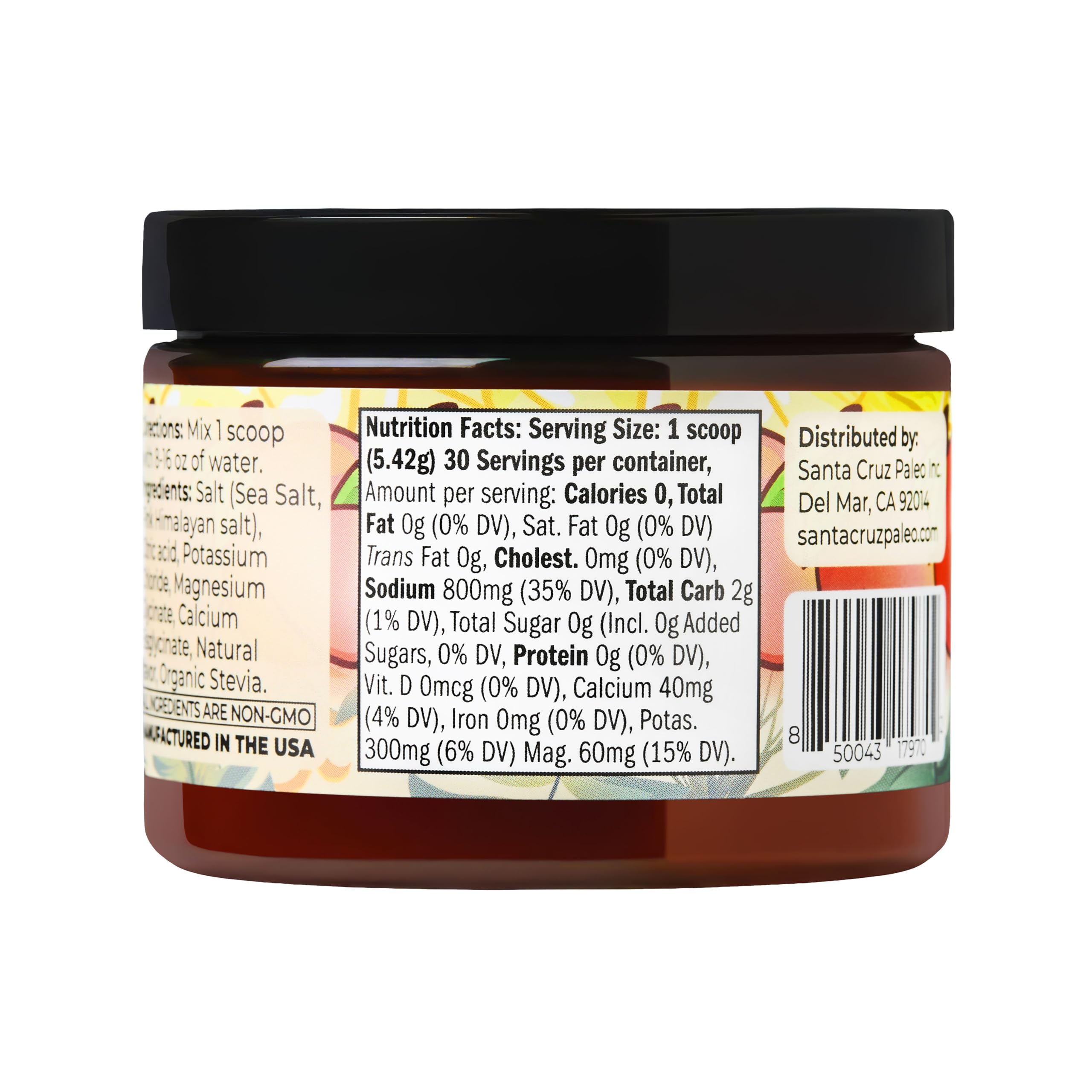 Santa Cruz Paleo electrolyte peach lemonade label close-up highlights natural minerals