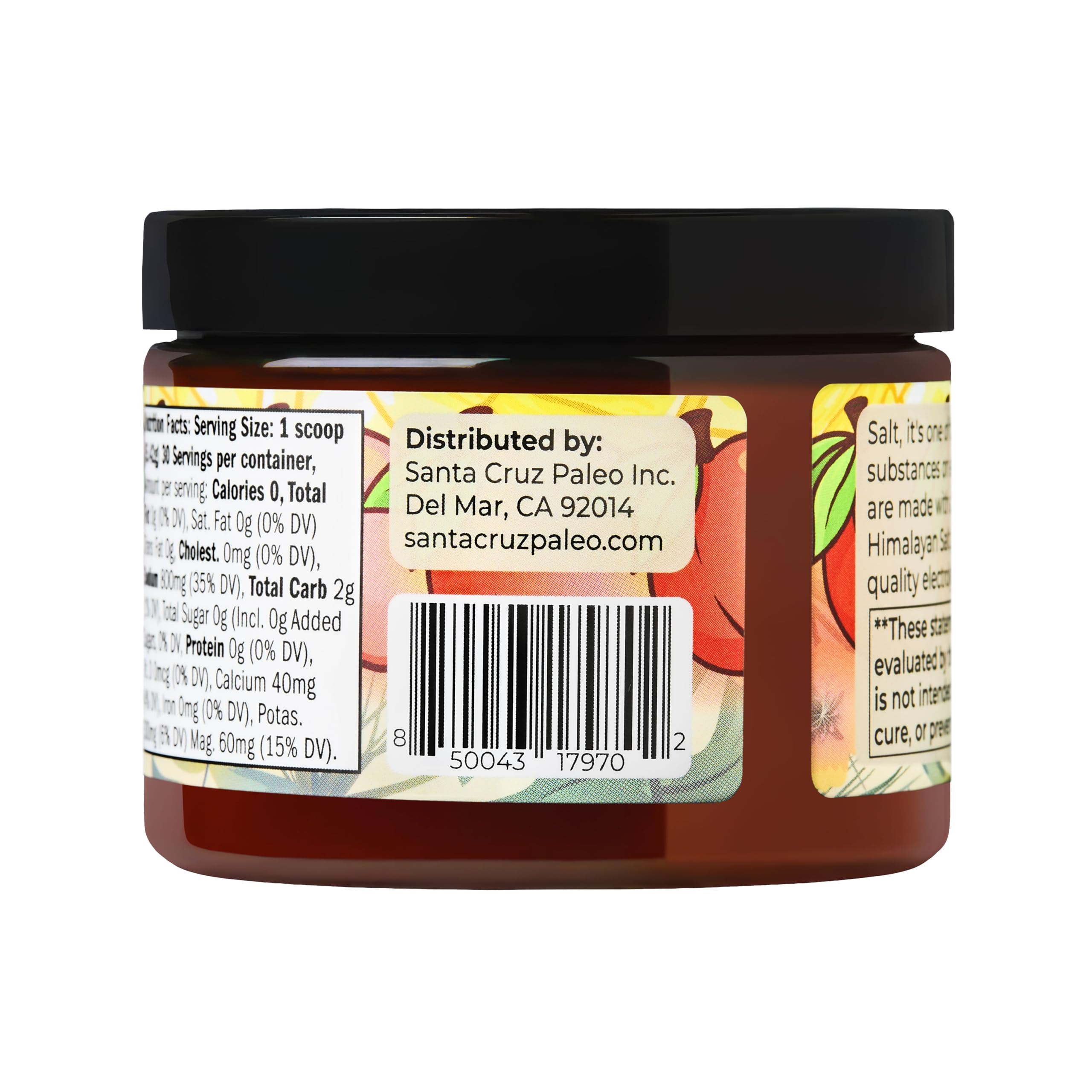 Santa Cruz Paleo electrolyte peach lemonade tub shown with fresh peaches nearby