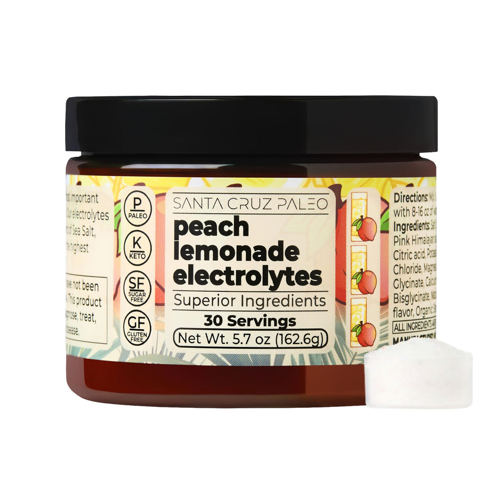 Santa Cruz Paleo electrolyte peach lemonade tub front for post-workout hydration