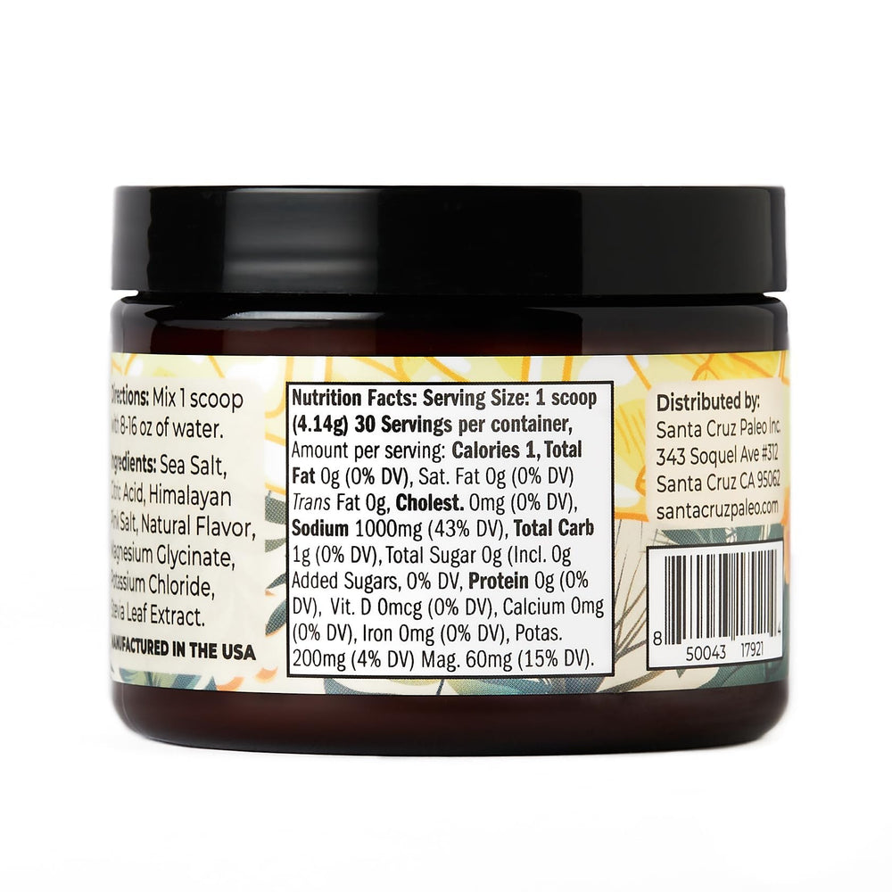 Daily-use setup shows Santa Cruz Paleo Electrolyte Powder mixing with water