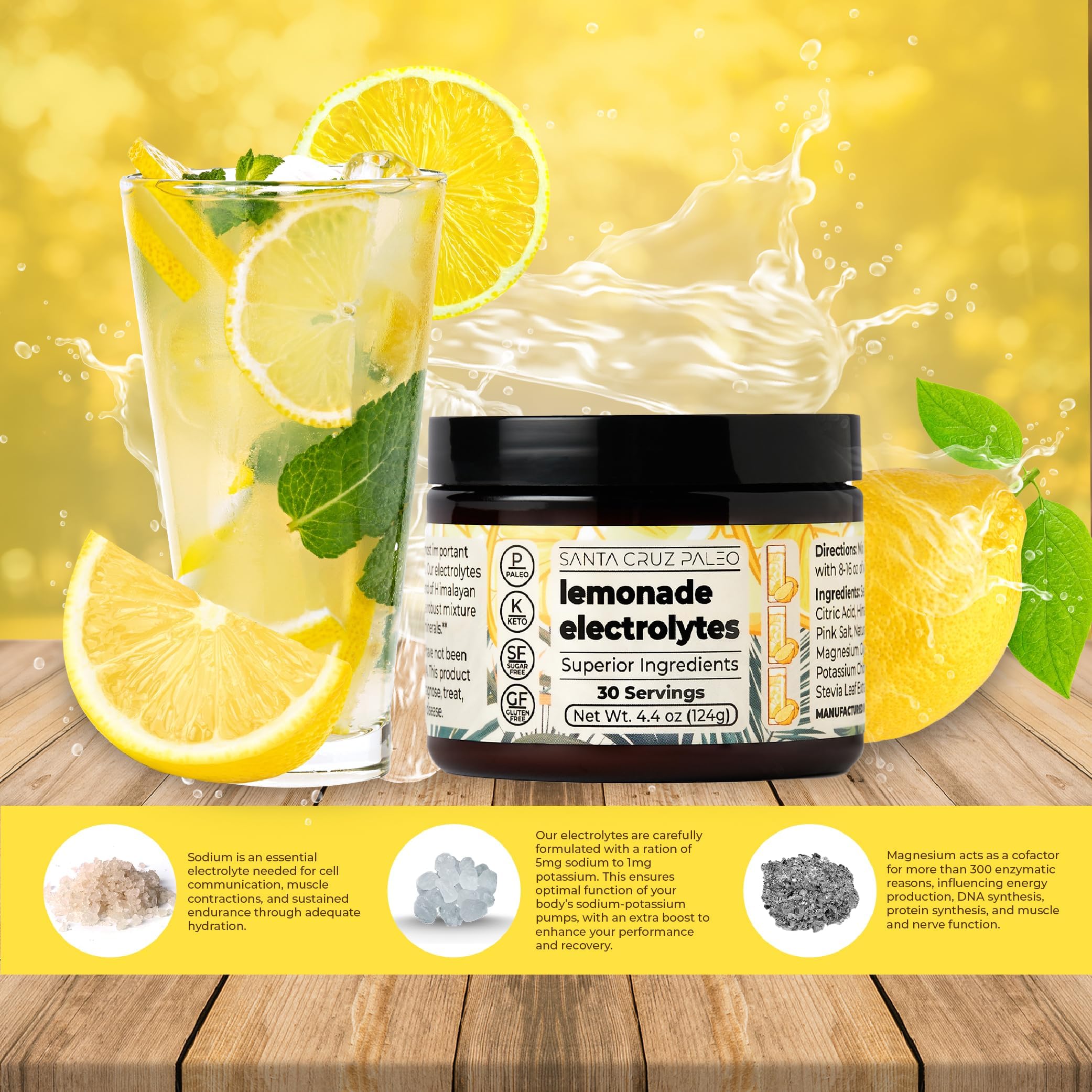 Santa Cruz Paleo Electrolyte Powder label close-up highlighting its salt blend