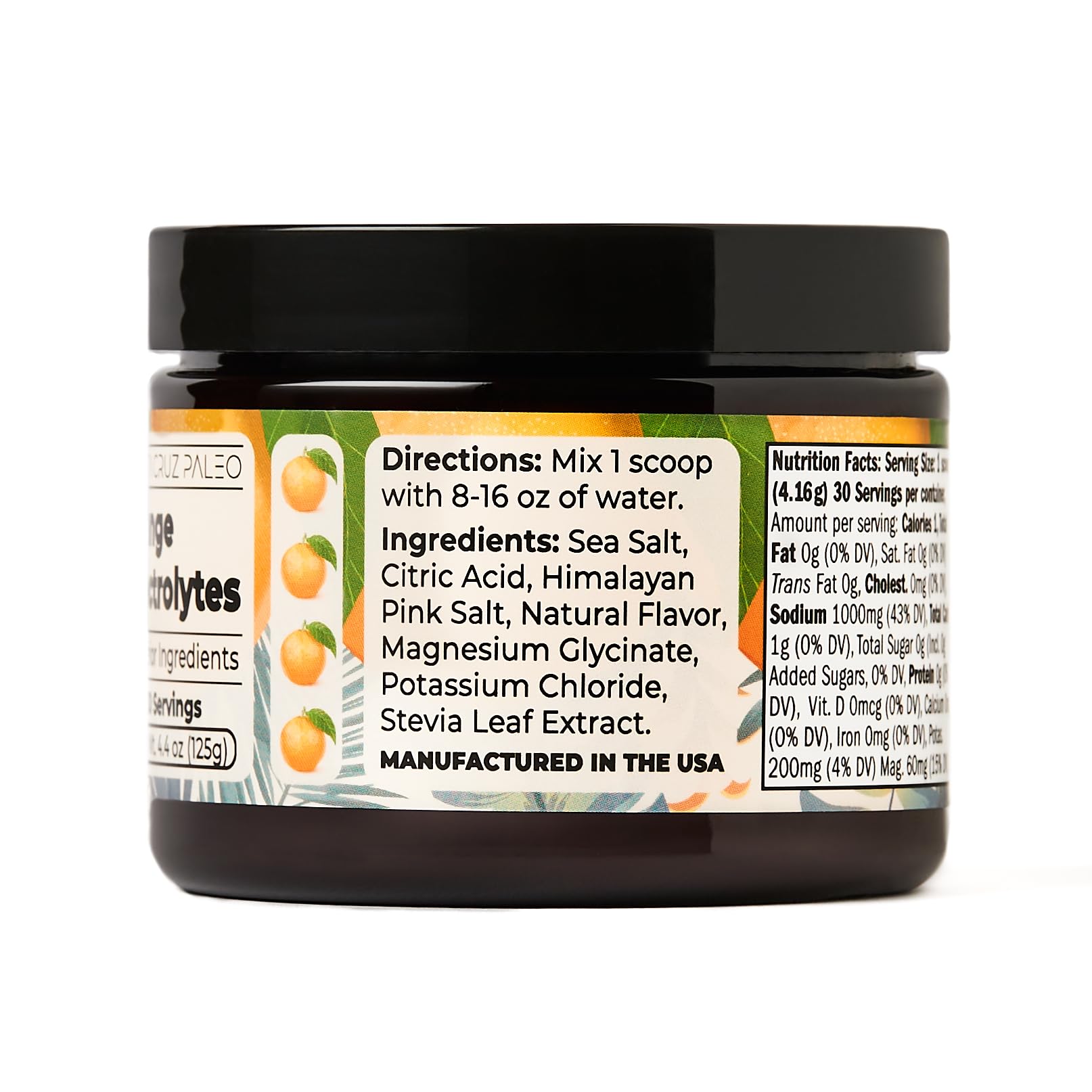 Santa Cruz Paleo Electrolyte Powder orange glass showcases refreshing, sugar-free drink.