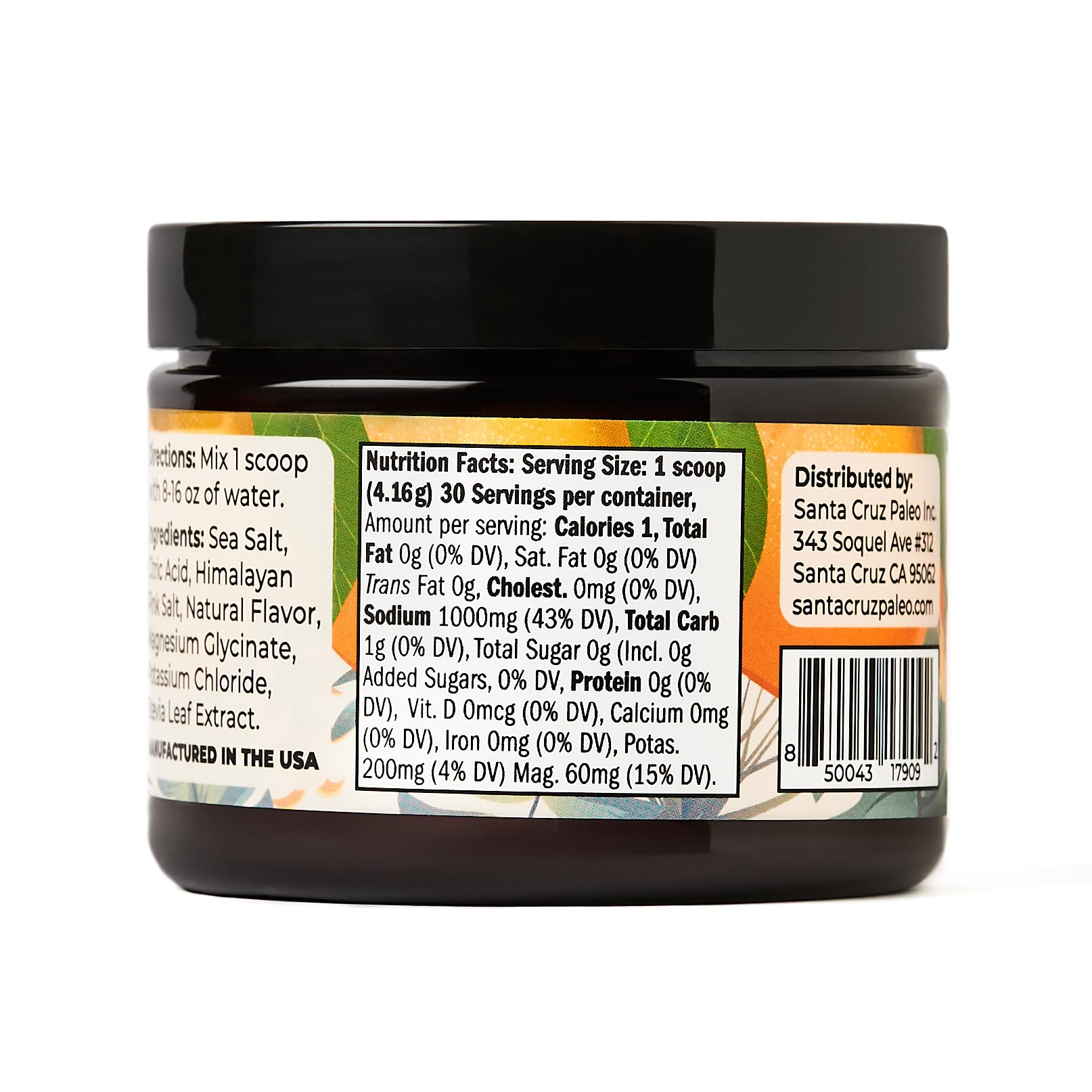 Santa Cruz Paleo Electrolyte Powder orange packaging front with clean ingredients.