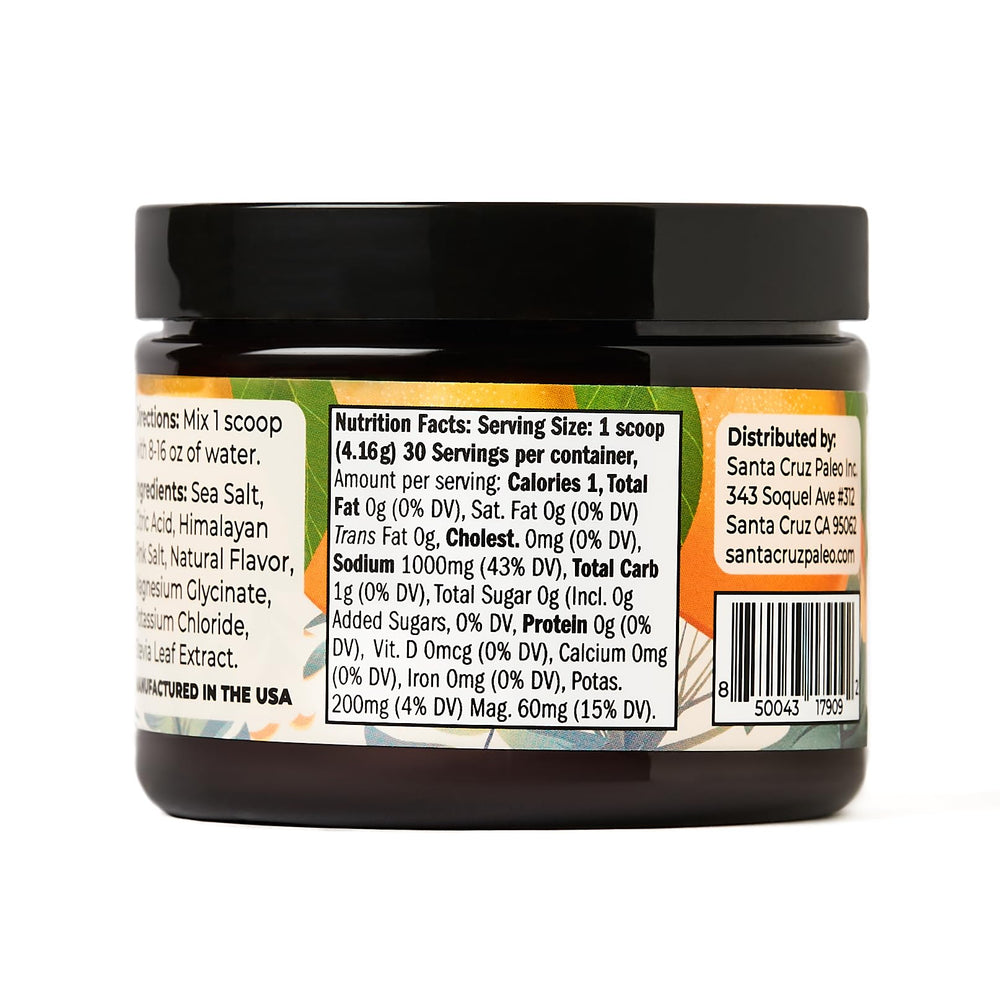 Santa Cruz Paleo Electrolyte Powder orange packaging front with clean ingredients.