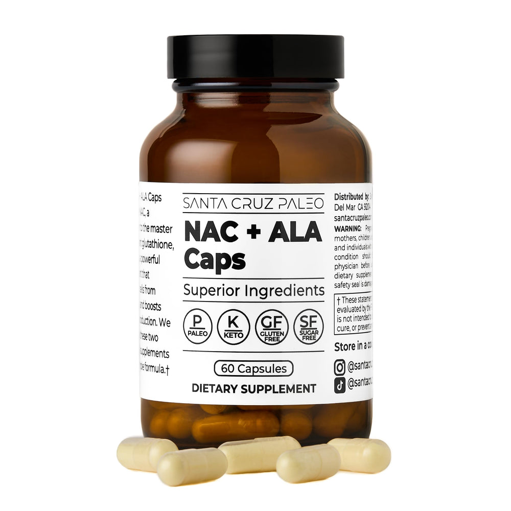 Santa Cruz Paleo NAC + ALA capsules on bottle for daily antioxidant support.