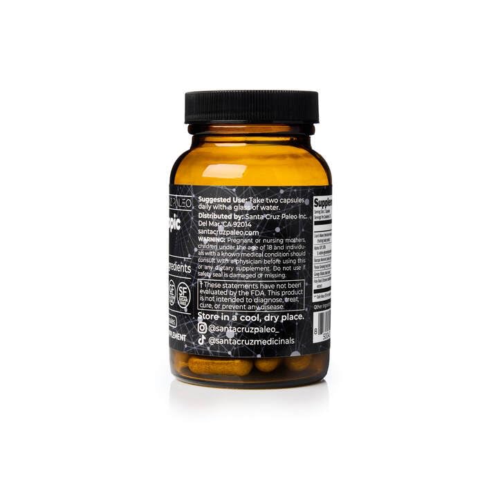 Santa Cruz Paleo nootropic bottle sits on a clean desk ready for study sessions.