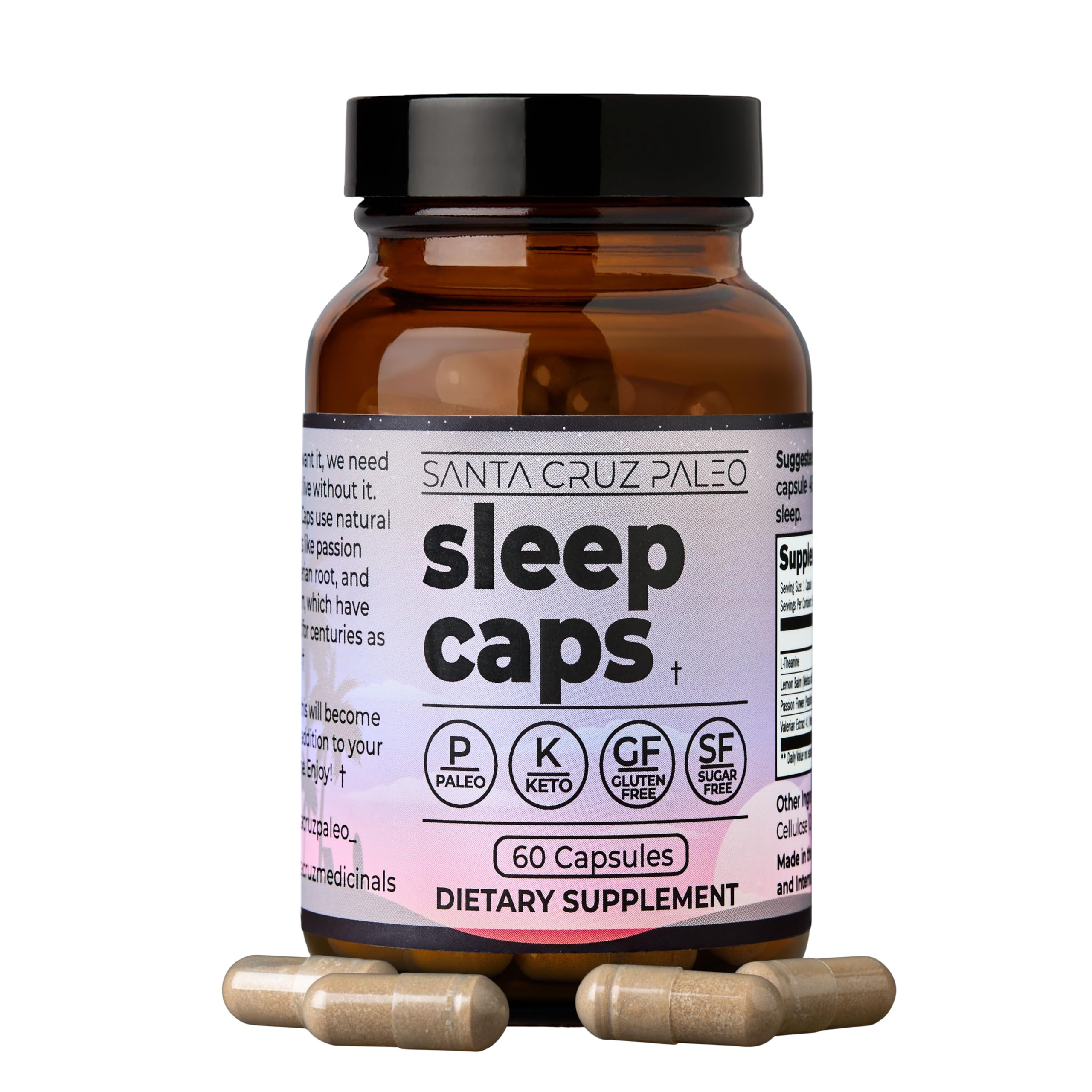 Santa Cruz Paleo Sleep Caps bottle-front promotes a calm pre bed routine