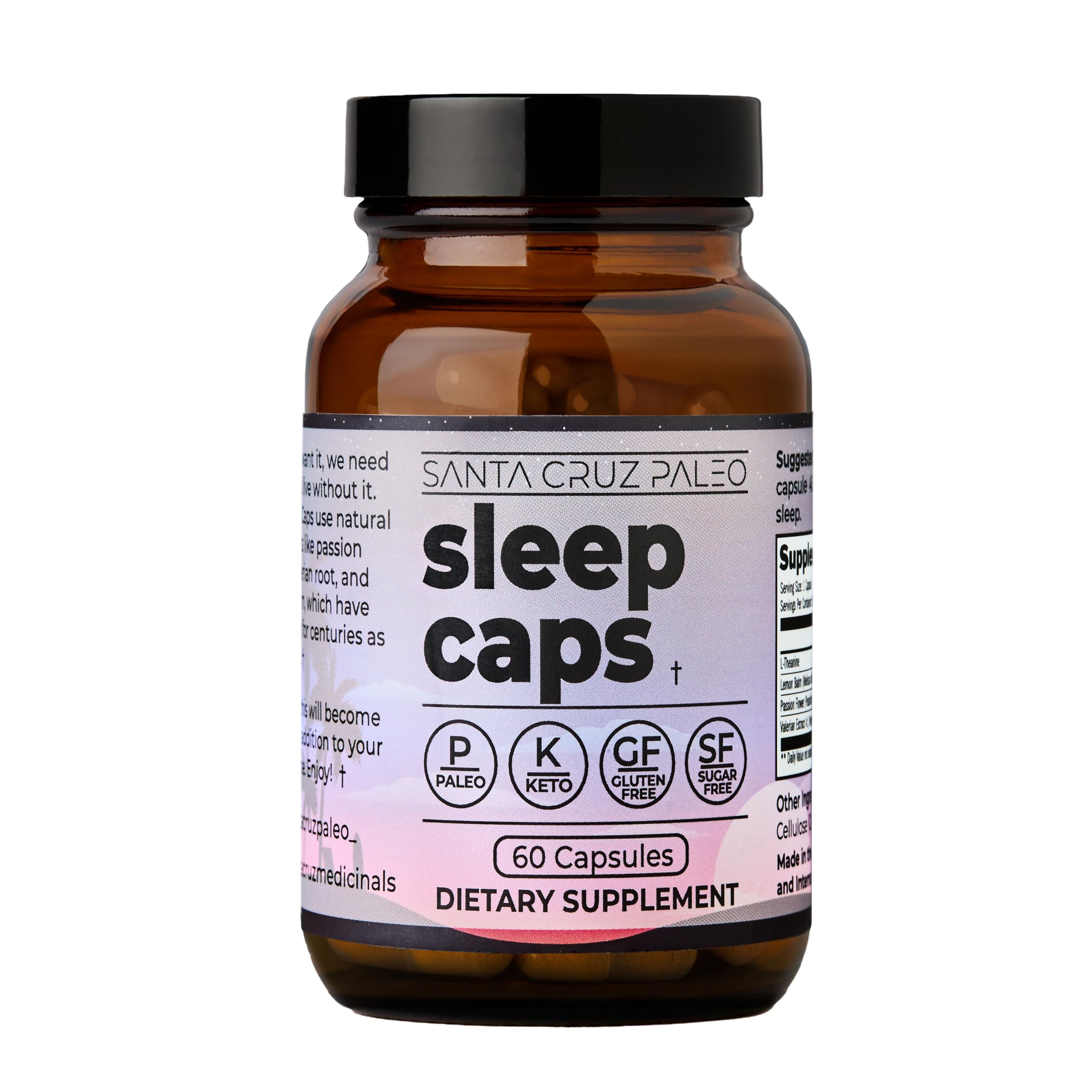 Closeup of Sleep Caps capsule showing botanical blend for relaxing evenings