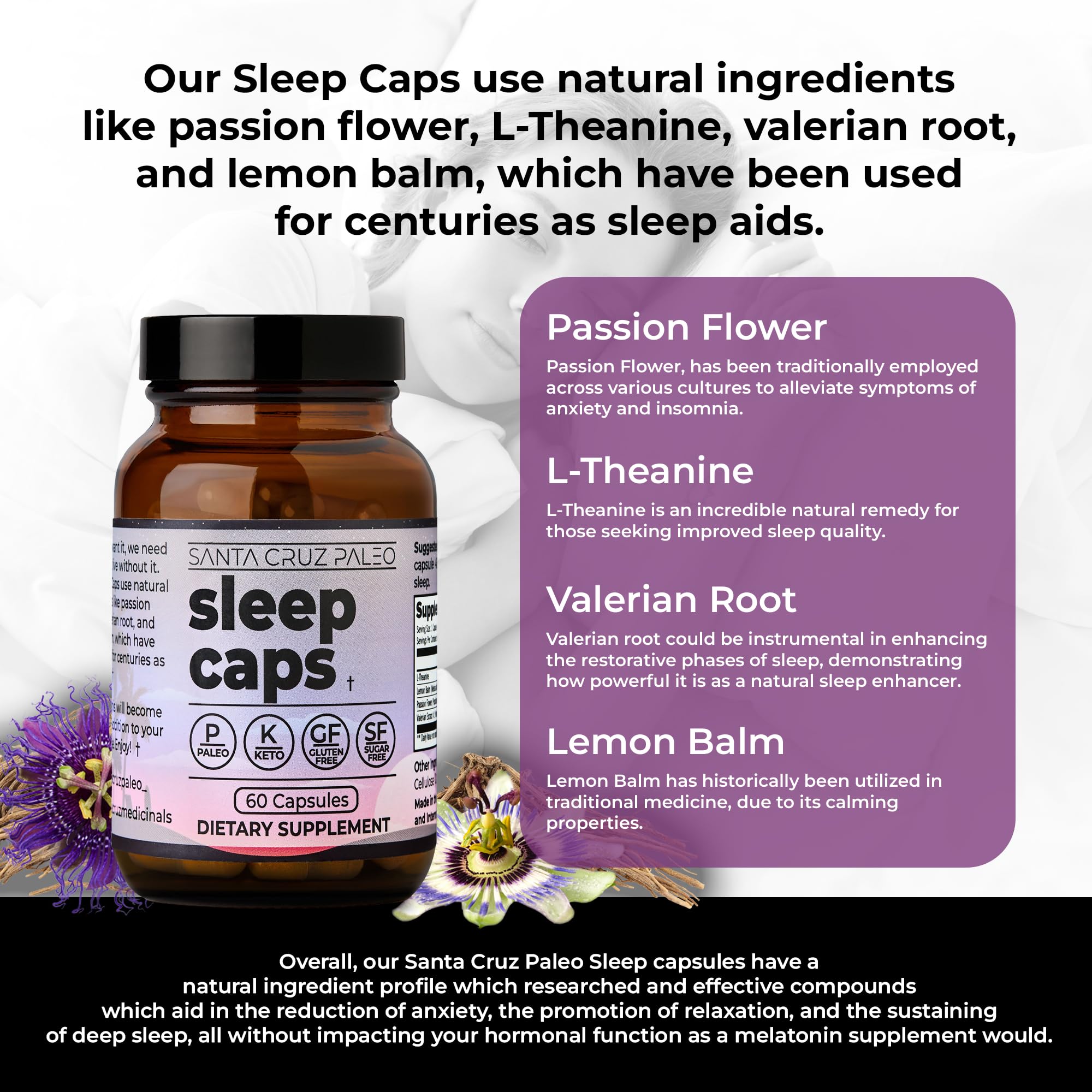 Sleep Caps ingredients label highlights L-Theanine lemon balm passion flower and valerian