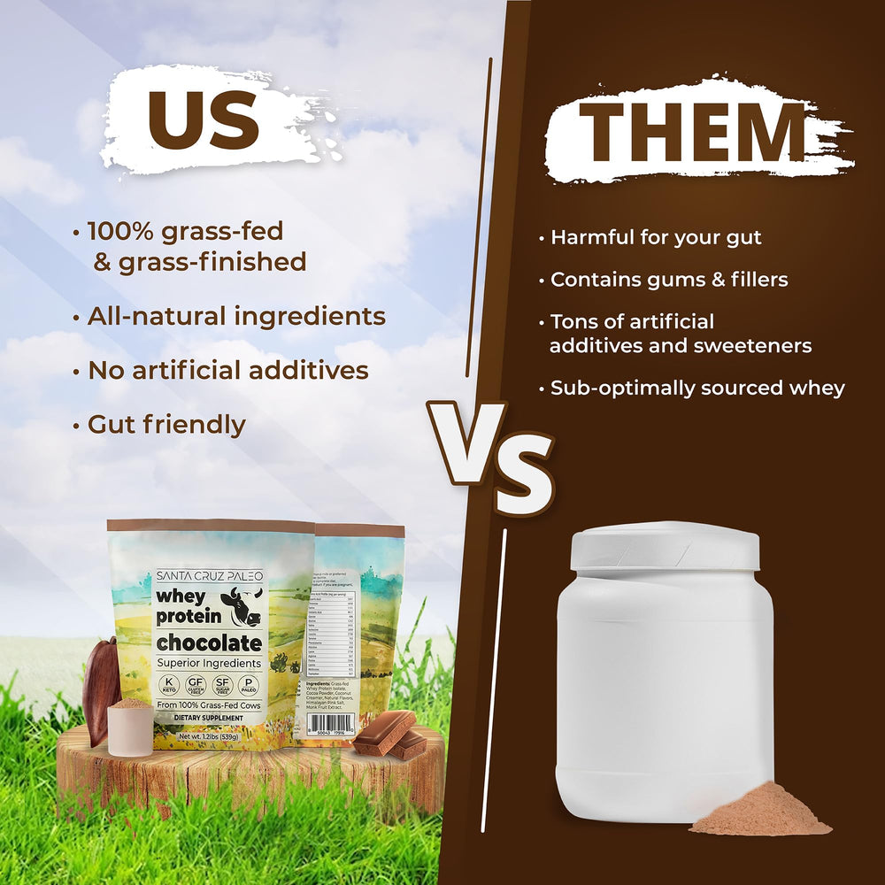 Santa Cruz Paleo whey chocolate shake glass showcasing smooth, chocolate protein blend.